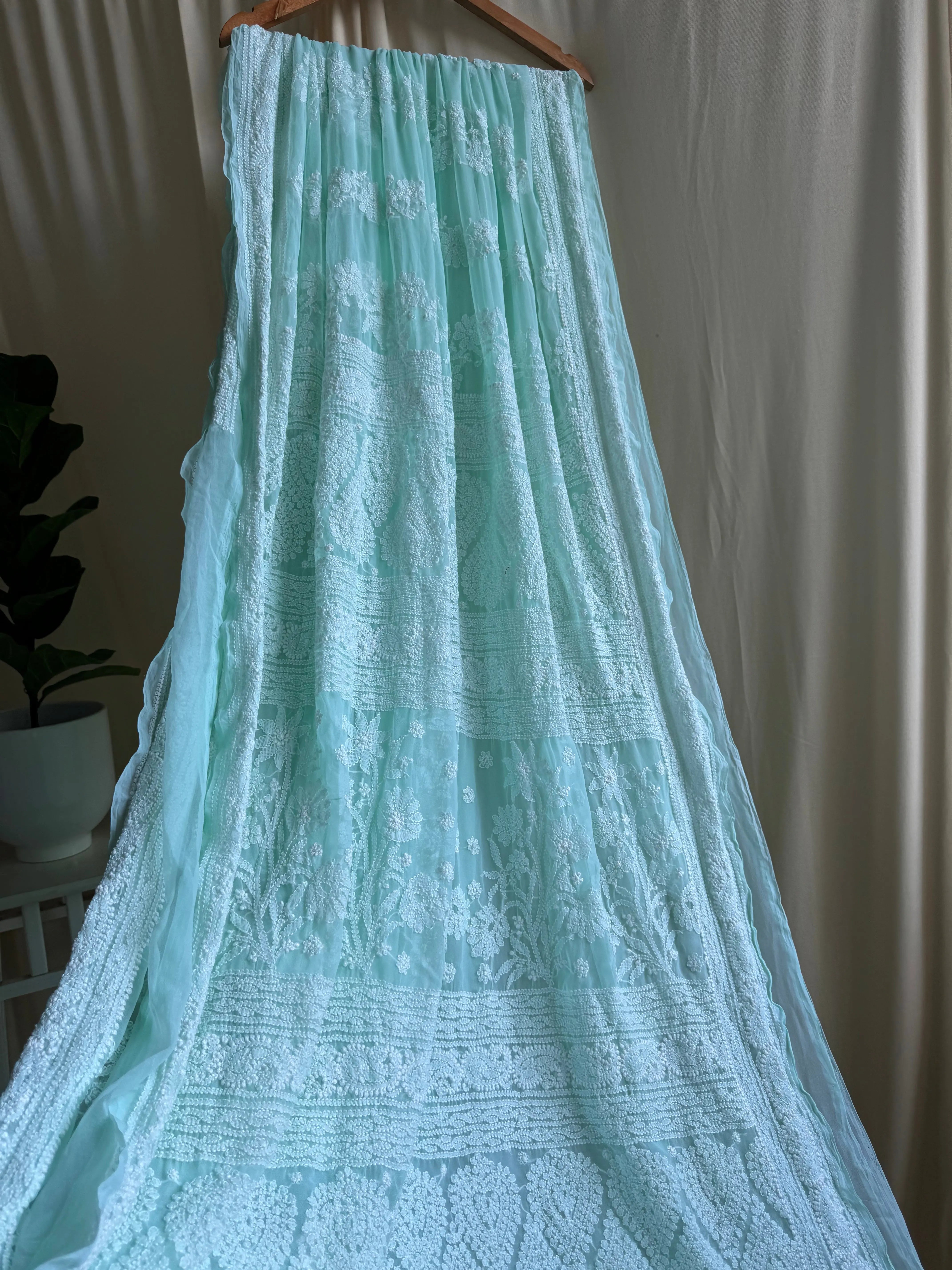 Georgette Chikankari saree in Sea Green ARIAA CHIKANKARI 