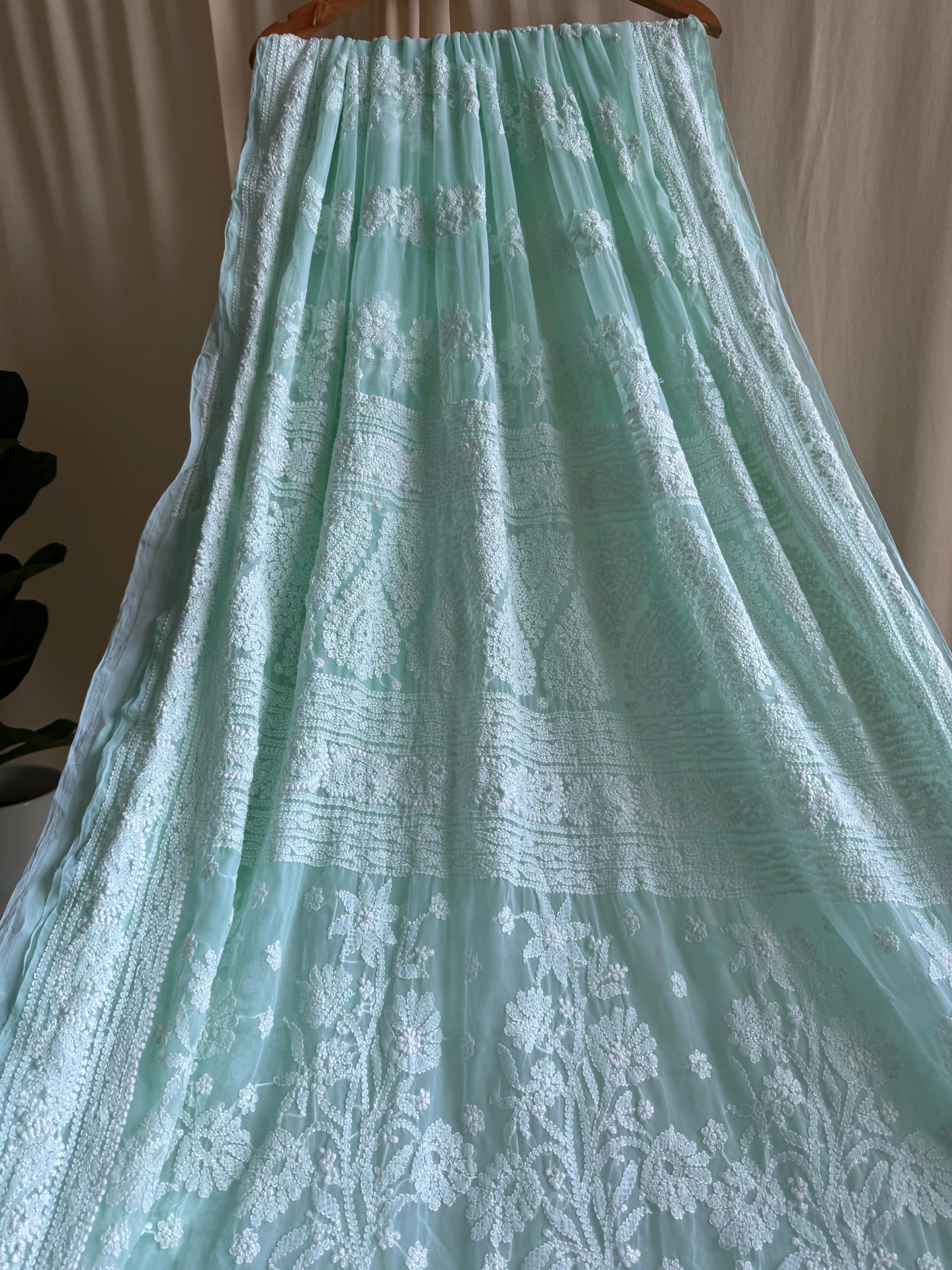 Georgette Chikankari saree in Sea Green ARIAA CHIKANKARI 