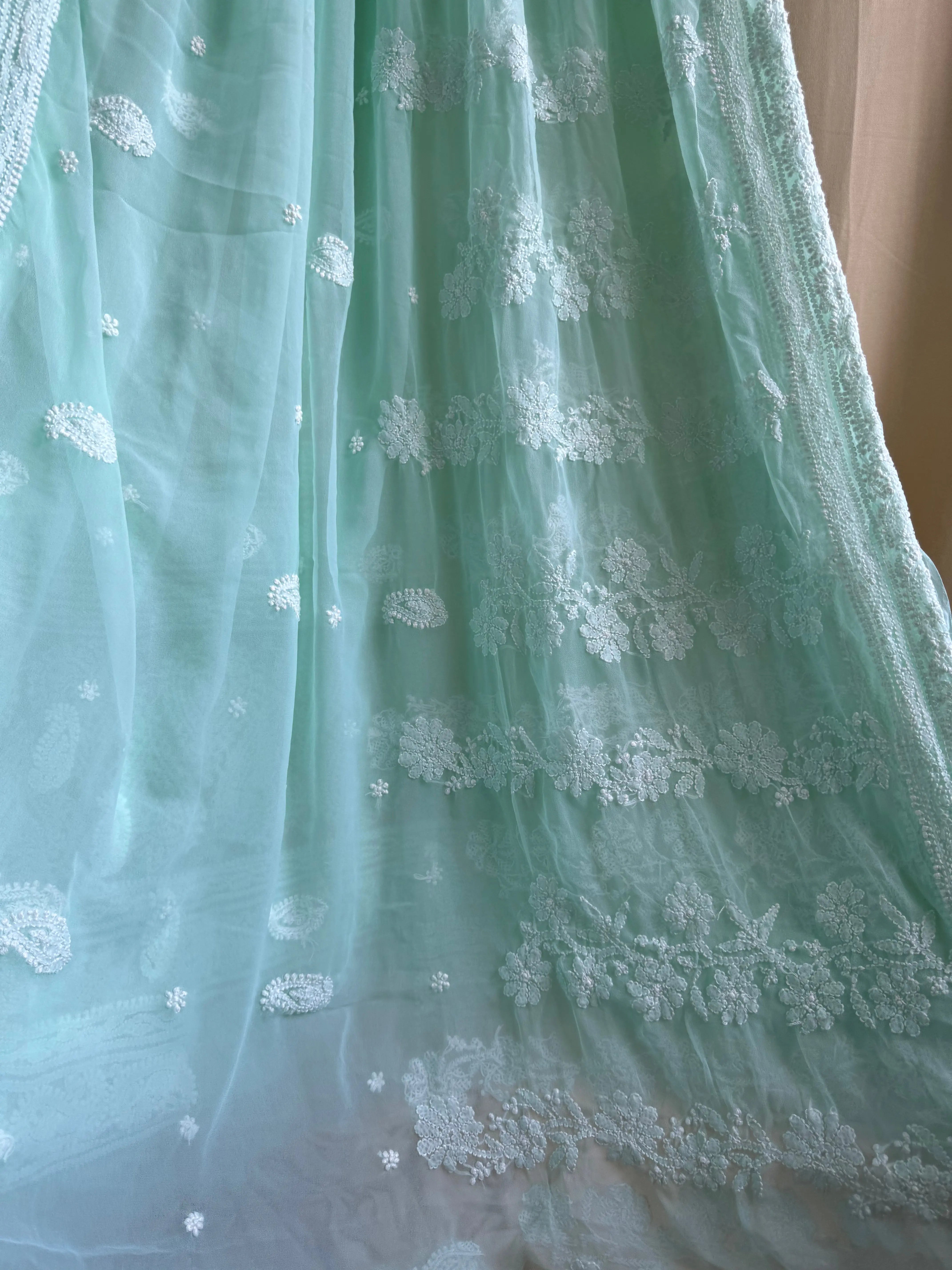 Georgette Chikankari saree in Sea Green ARIAA CHIKANKARI 