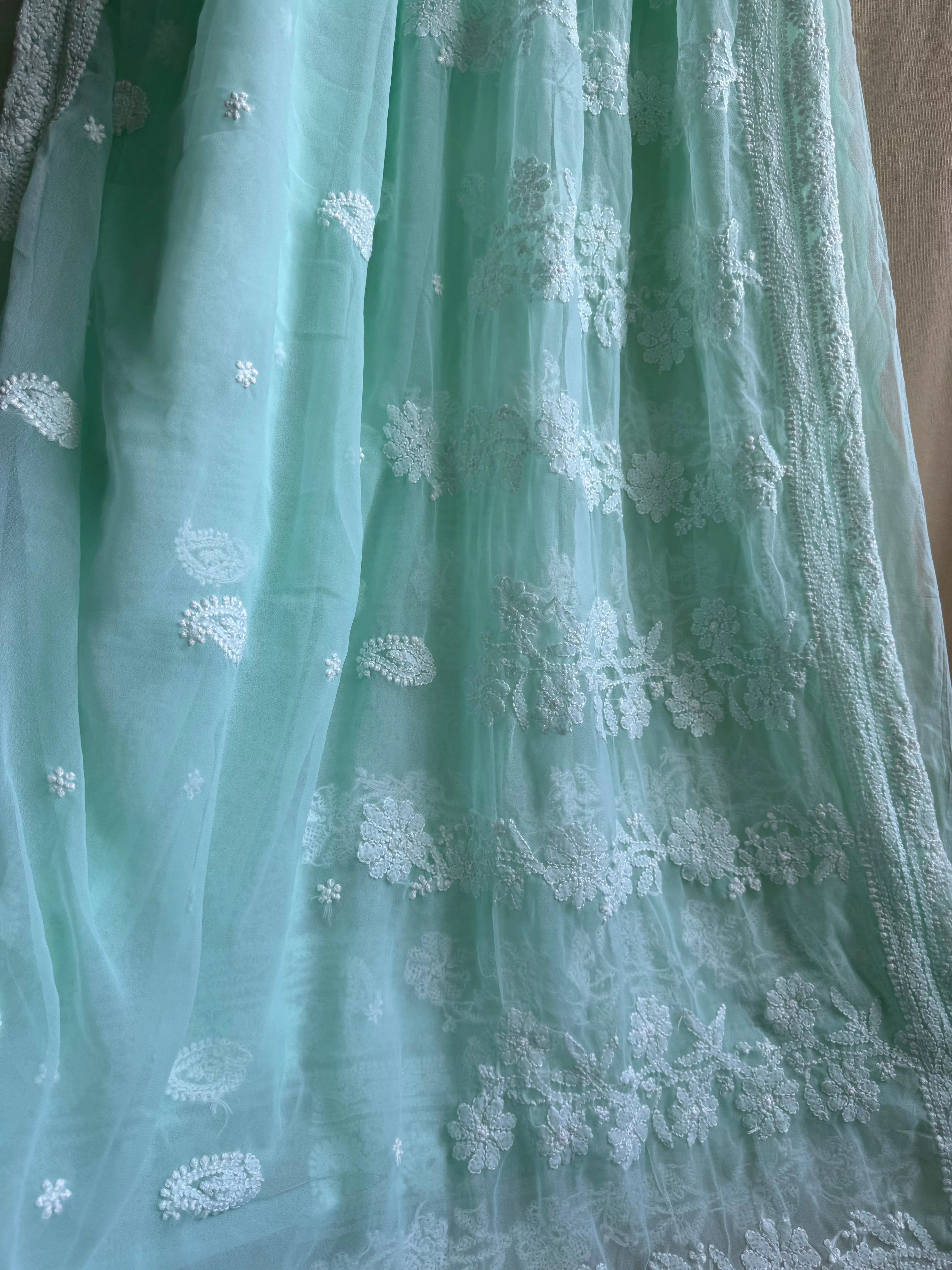 Georgette Chikankari saree in Sea Green ARIAA CHIKANKARI 