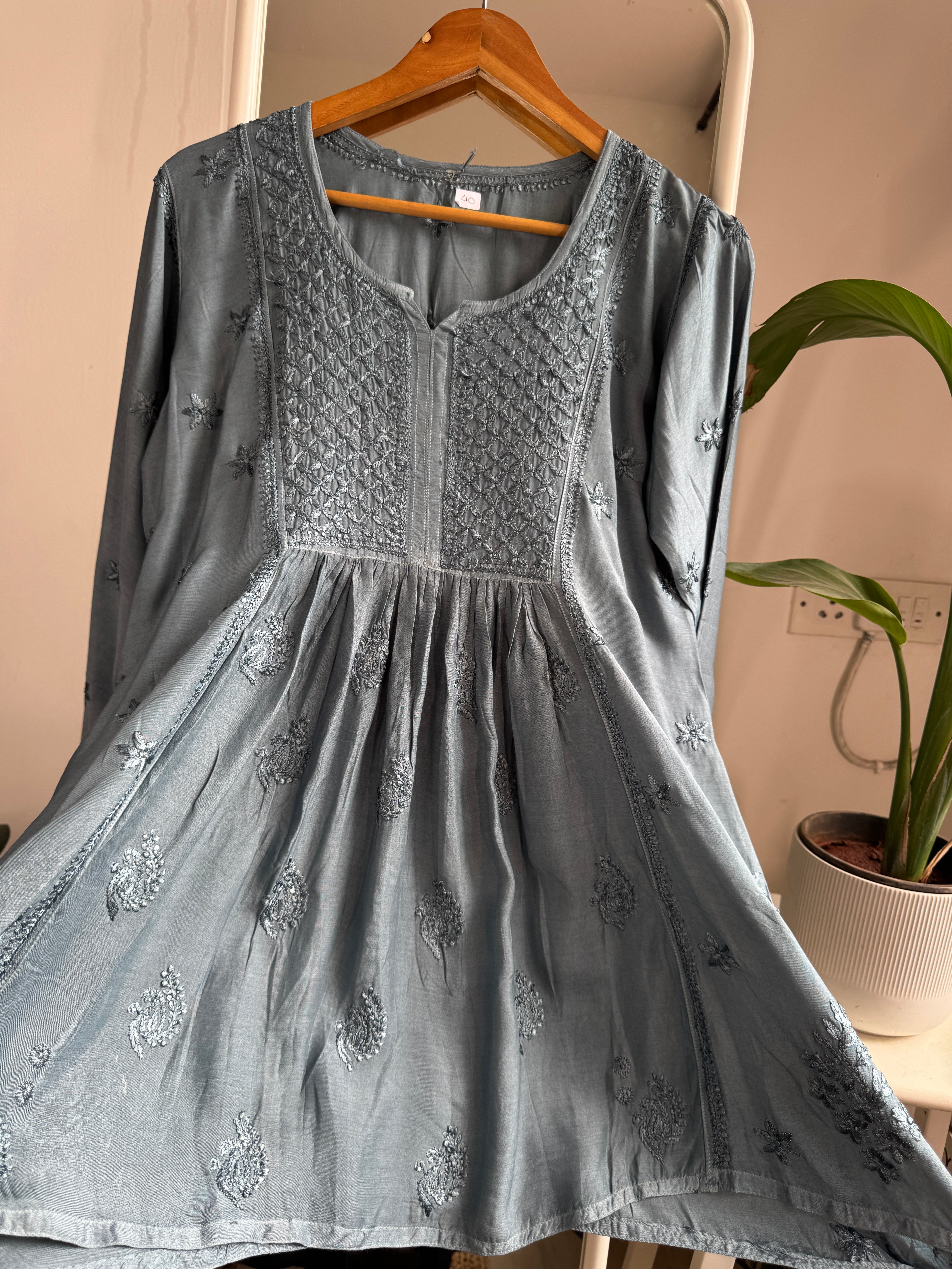 Chikankari Muslin Peplum short Top in Grey ARIAA CHIKANKARI 