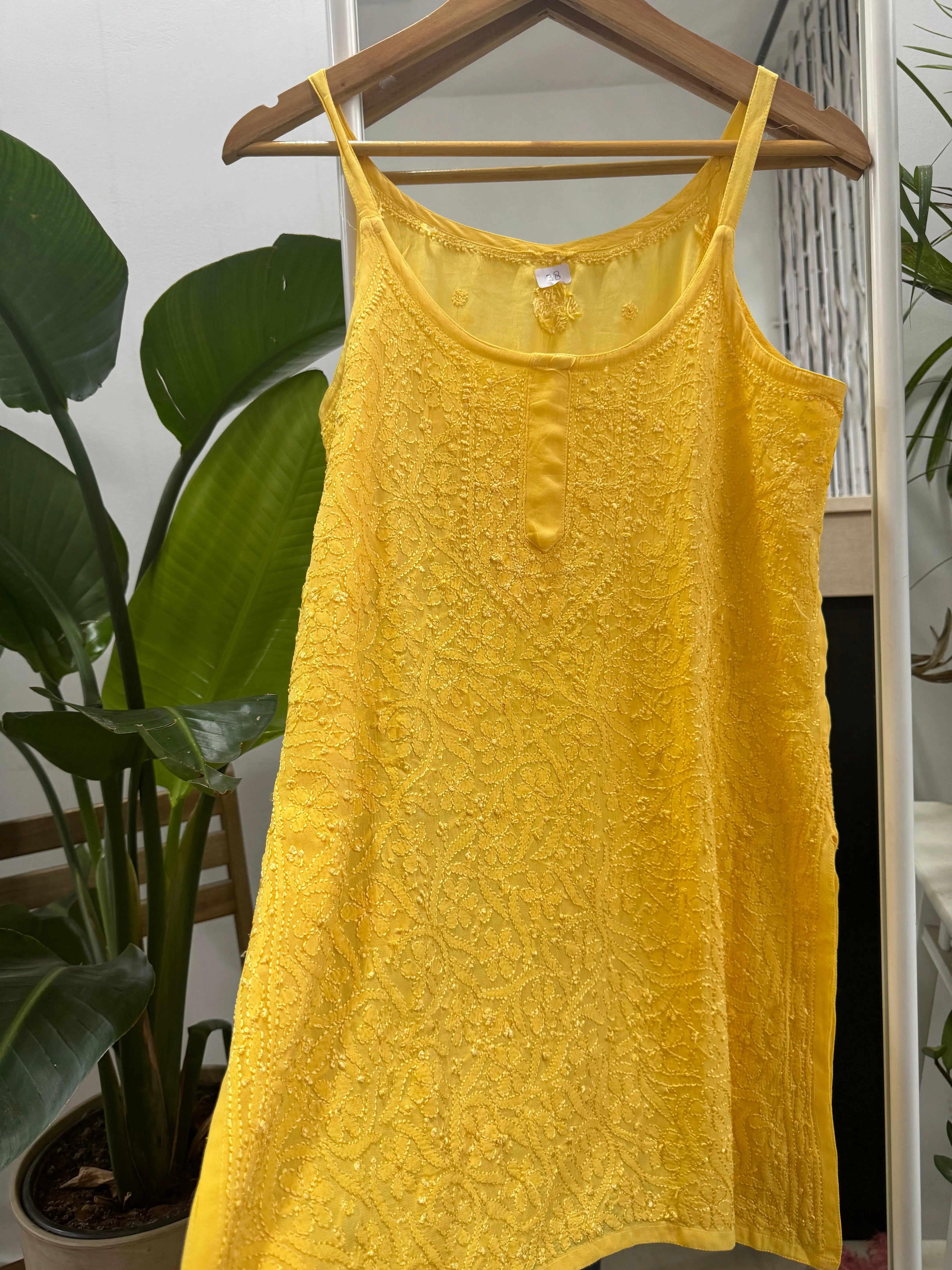 Chikankari Noodle Strap short Top in Yellow - ARIAA CHIKANKARI