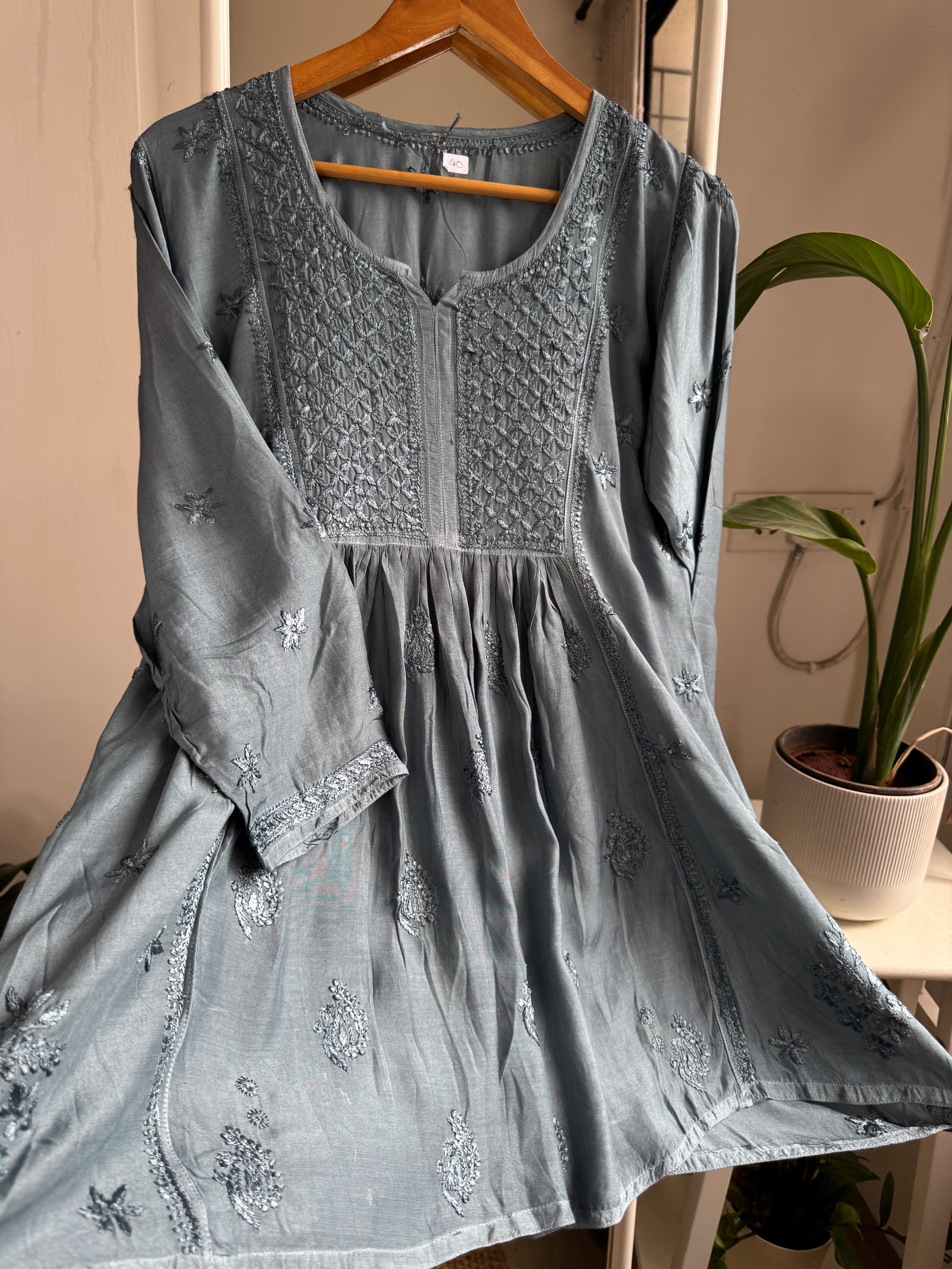 Chikankari Muslin Peplum short Top in Grey ARIAA CHIKANKARI 