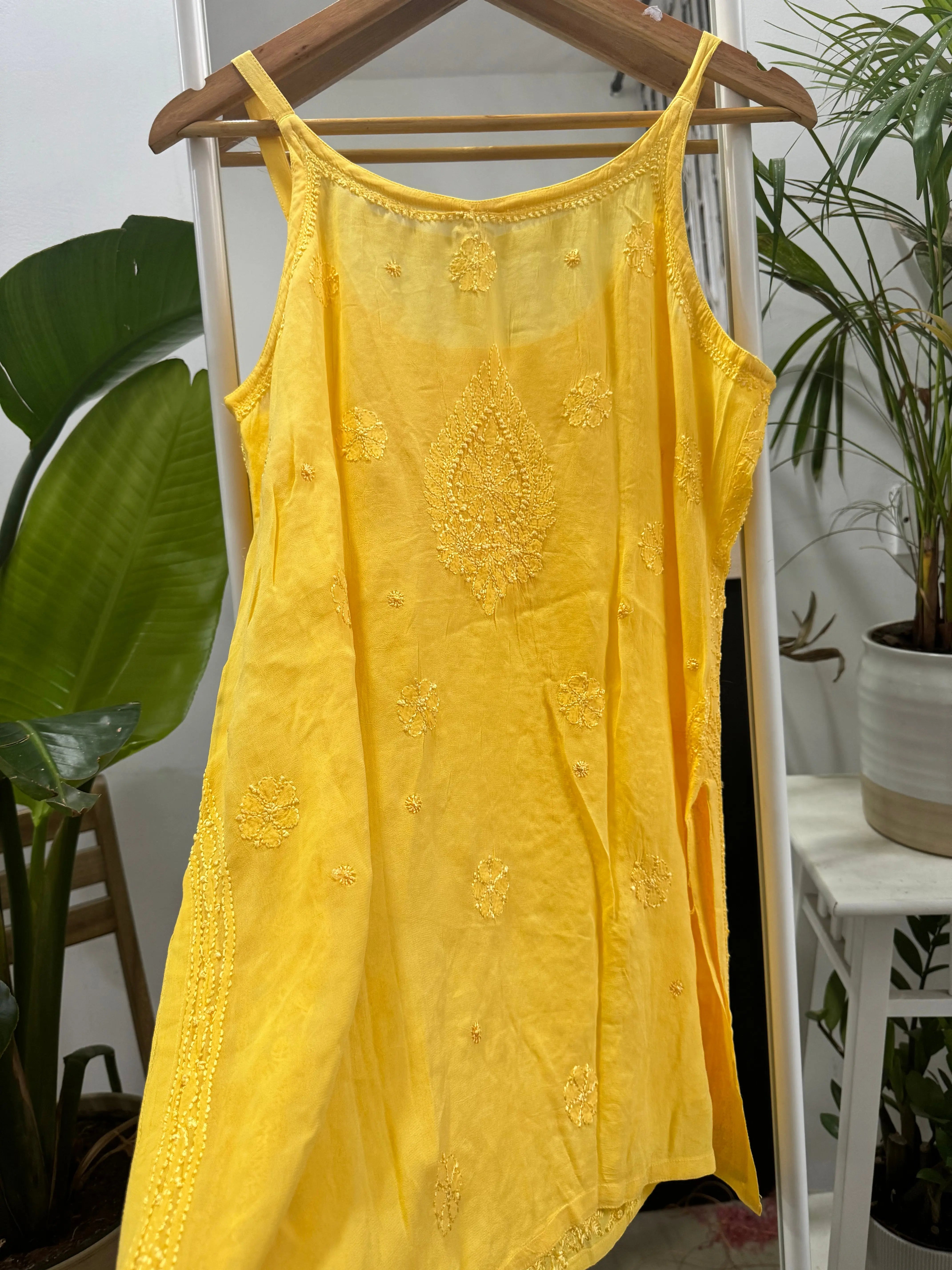 Chikankari Noodle Strap short Top in Yellow - ARIAA CHIKANKARI