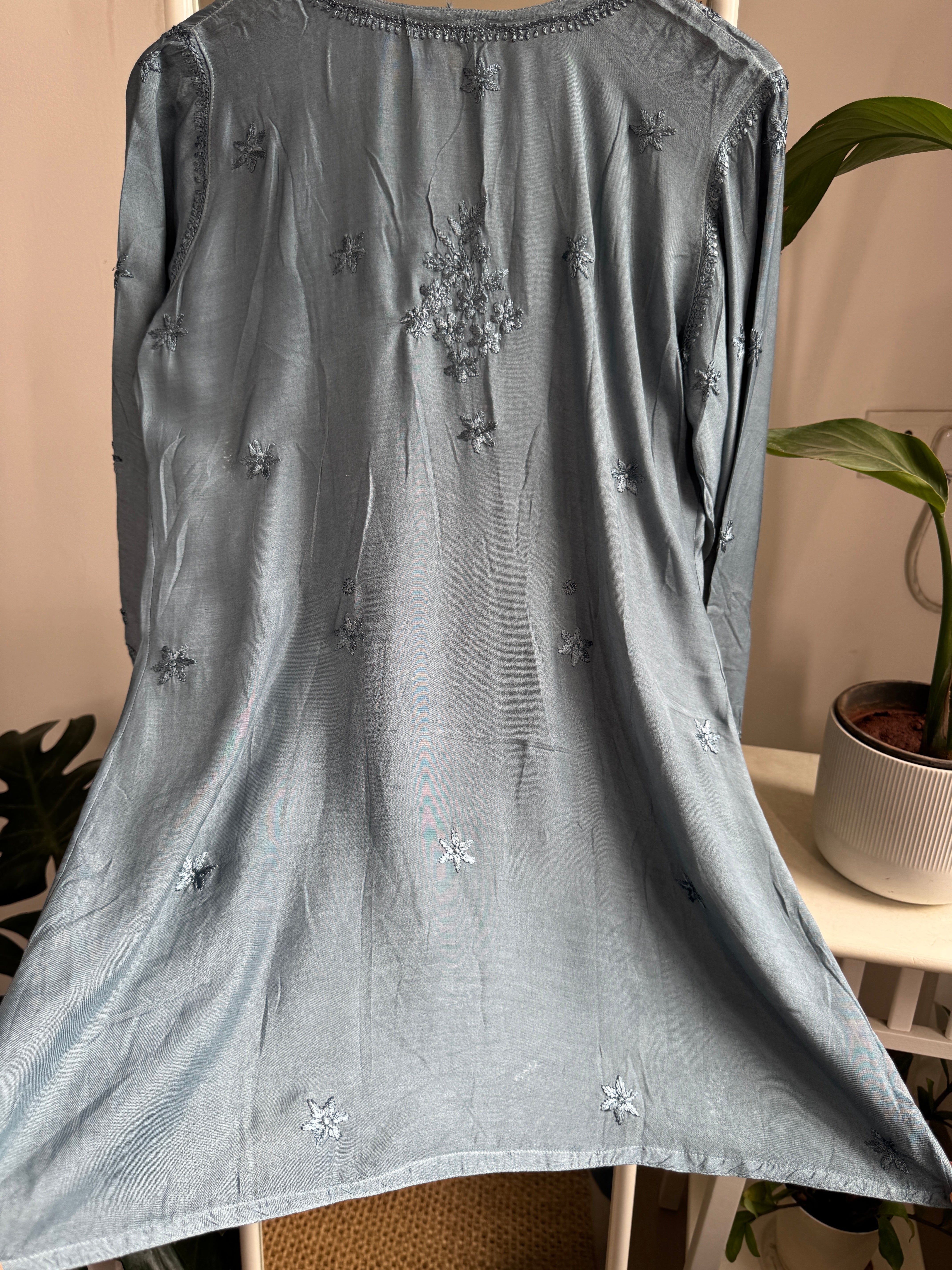 Chikankari Muslin Peplum short Top in Grey ARIAA CHIKANKARI 