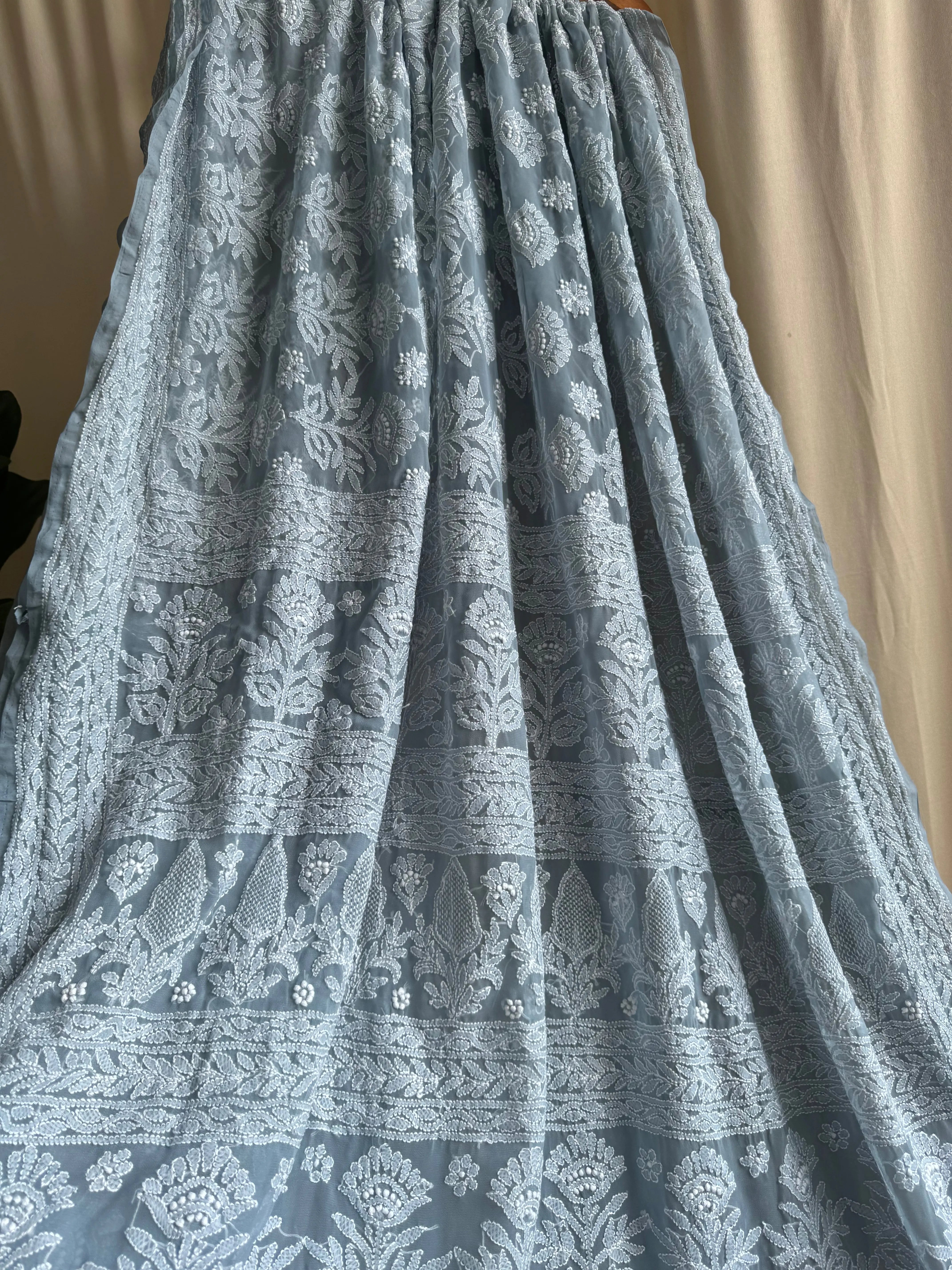 Georgette Chikankari saree in Grey ARIAA CHIKANKARI 