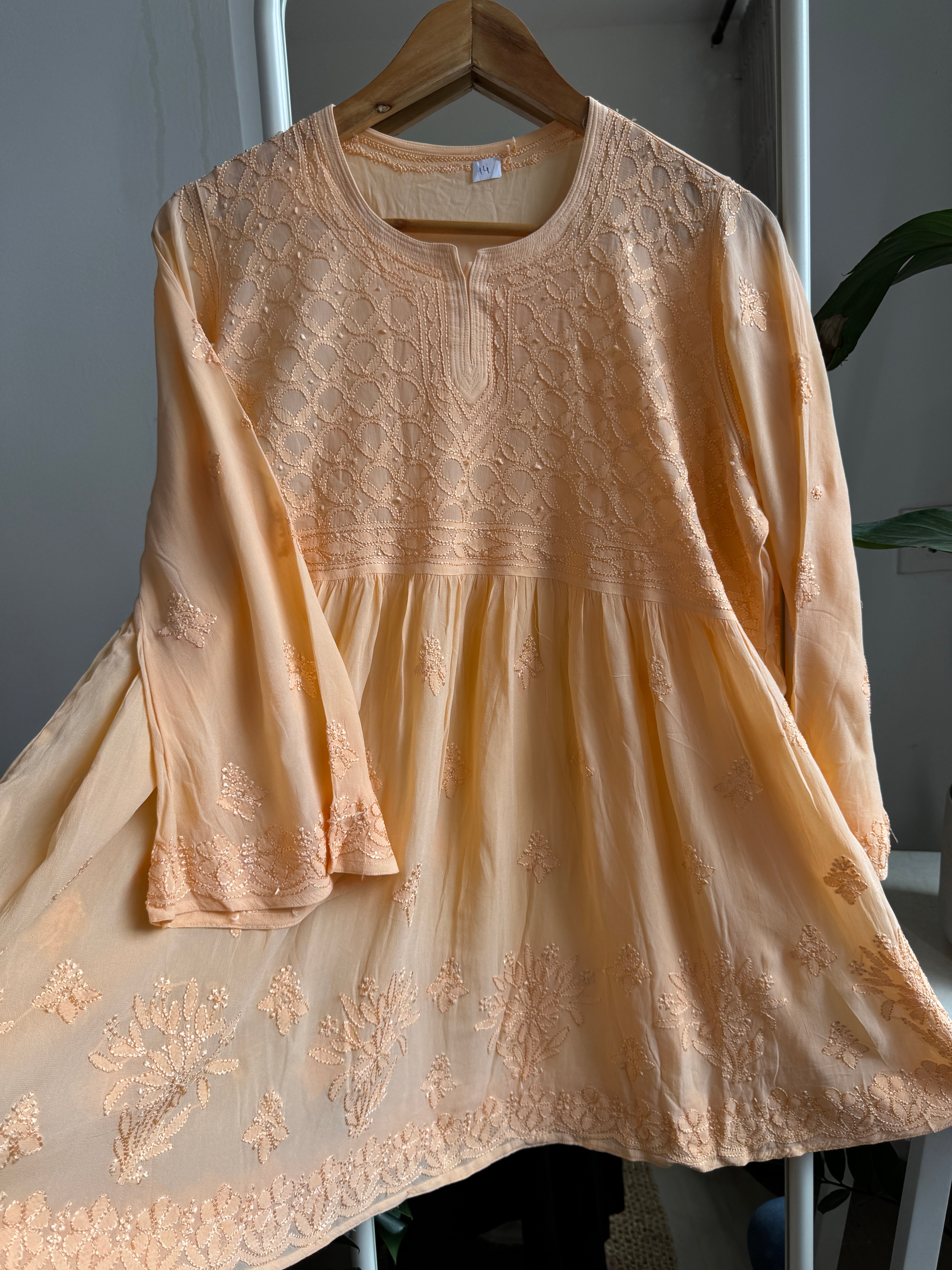 Chikankari Viscose Georgette  Peplum short Top in Peach