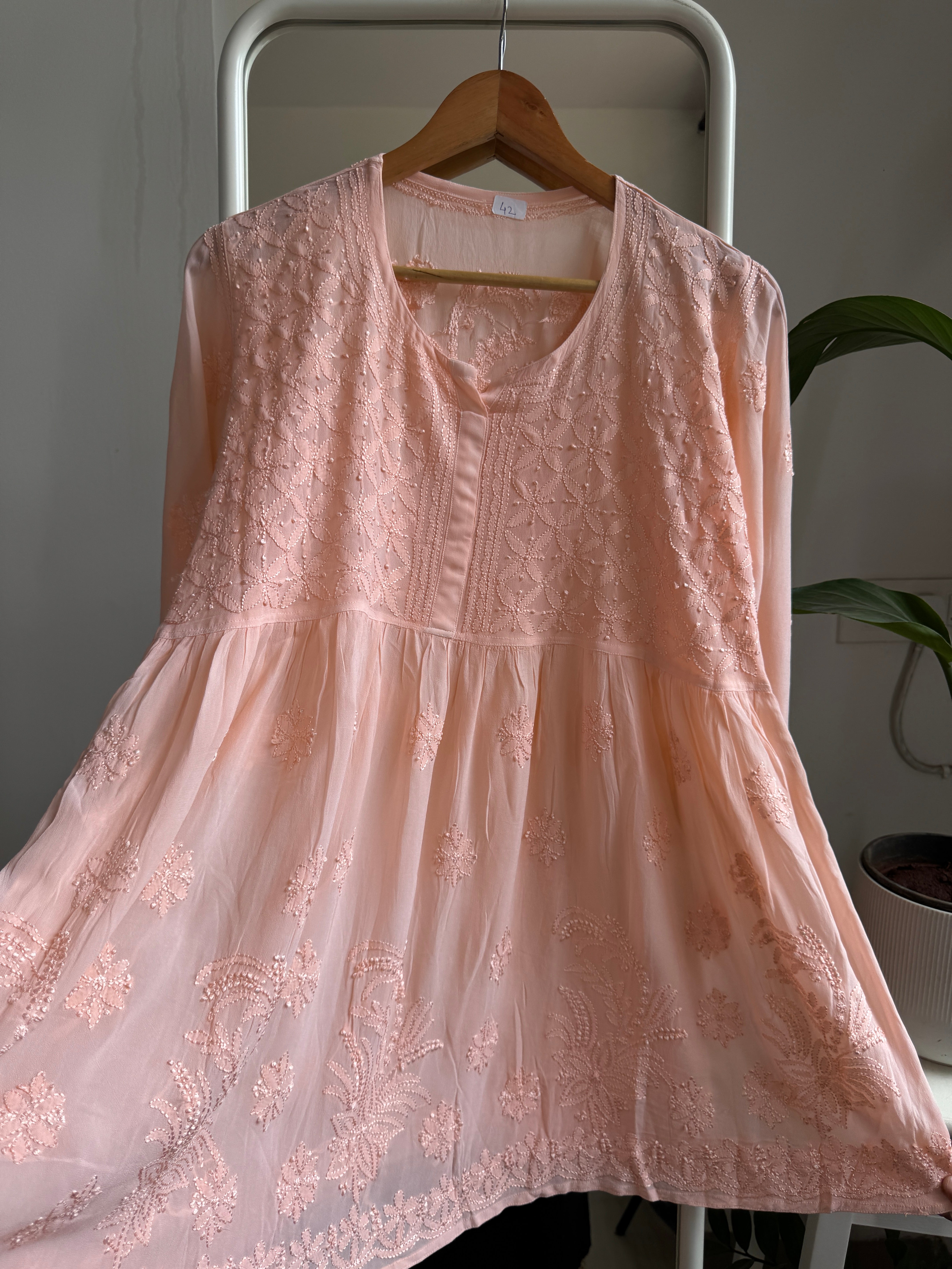 Chikankari Viscose Georgette  Peplum short Top in Peach
