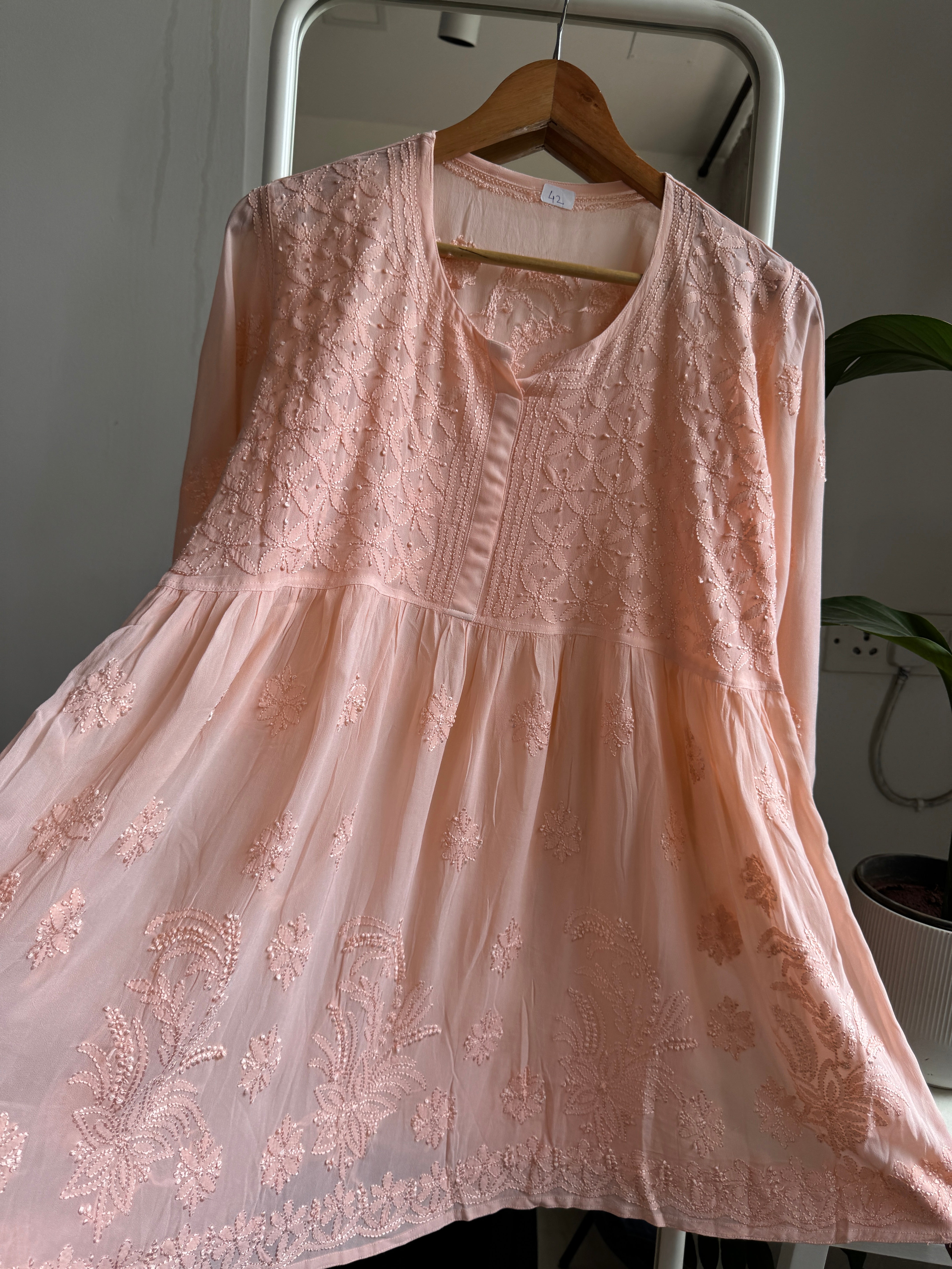 Chikankari Viscose Georgette  Peplum short Top in Peach ARIAA CHIKANKARI 
