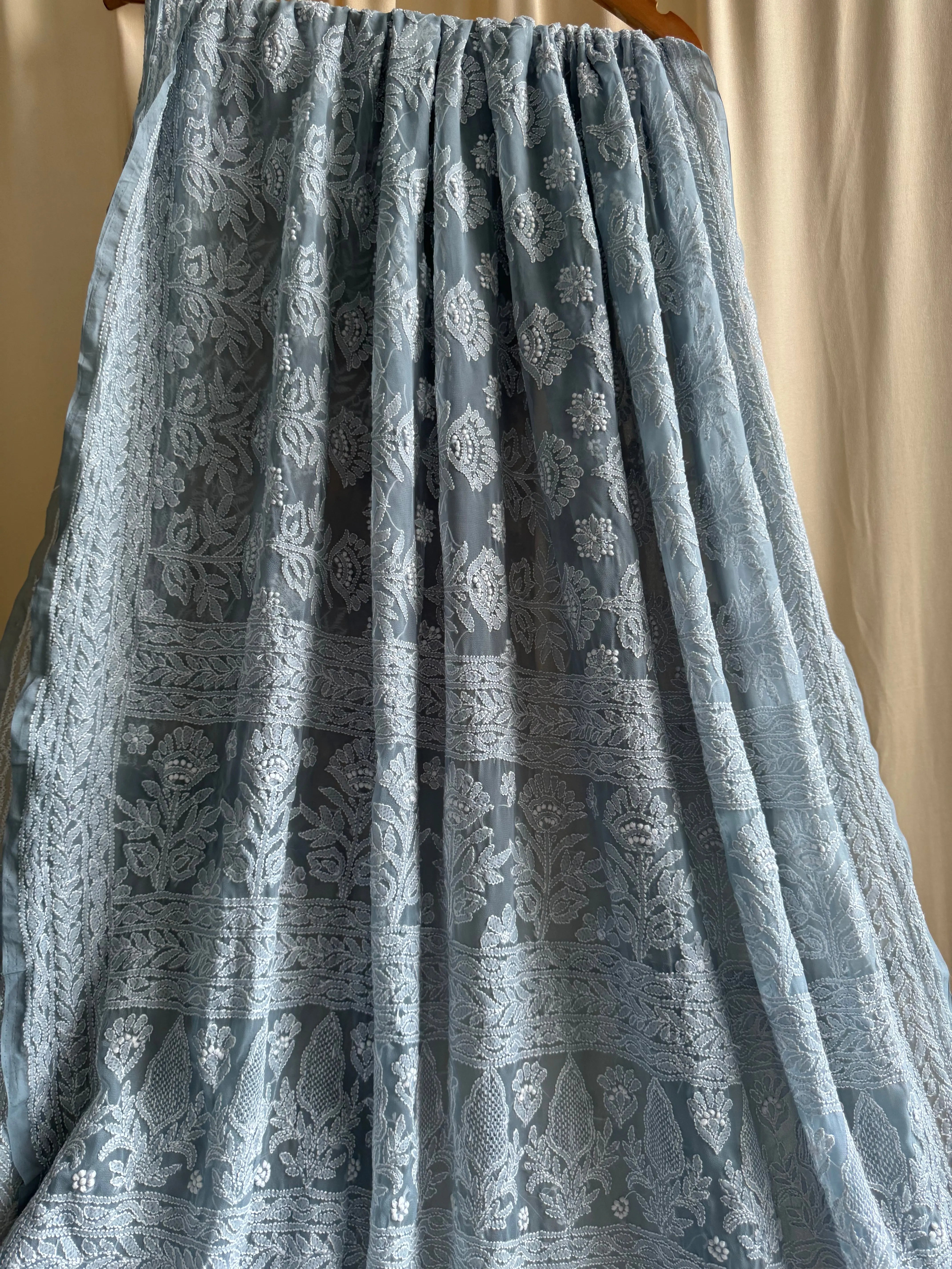 Georgette Chikankari saree in Grey ARIAA CHIKANKARI 