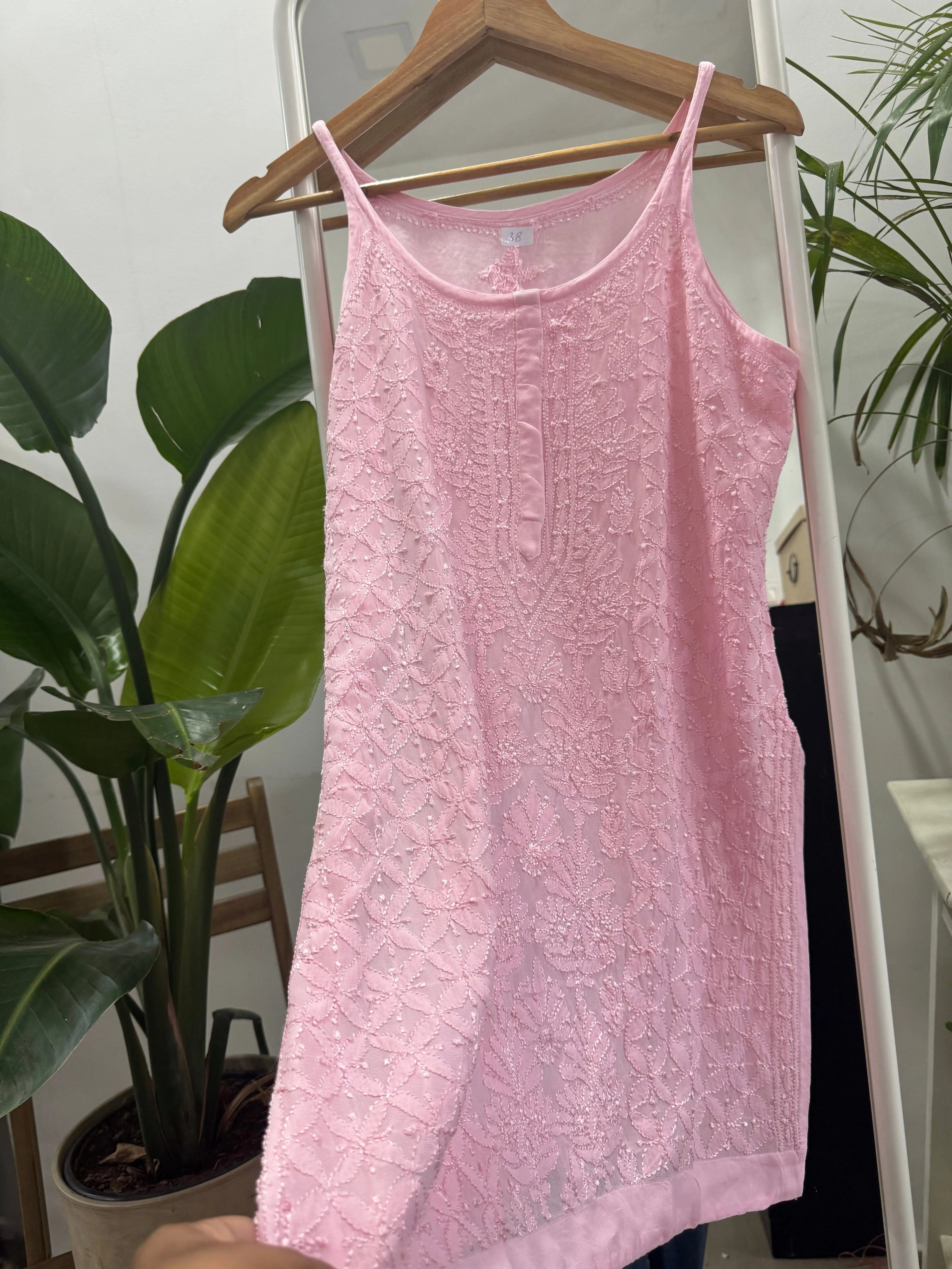 Chikankari Noodle Strap Top in Pink - ARIAA CHIKANKARI