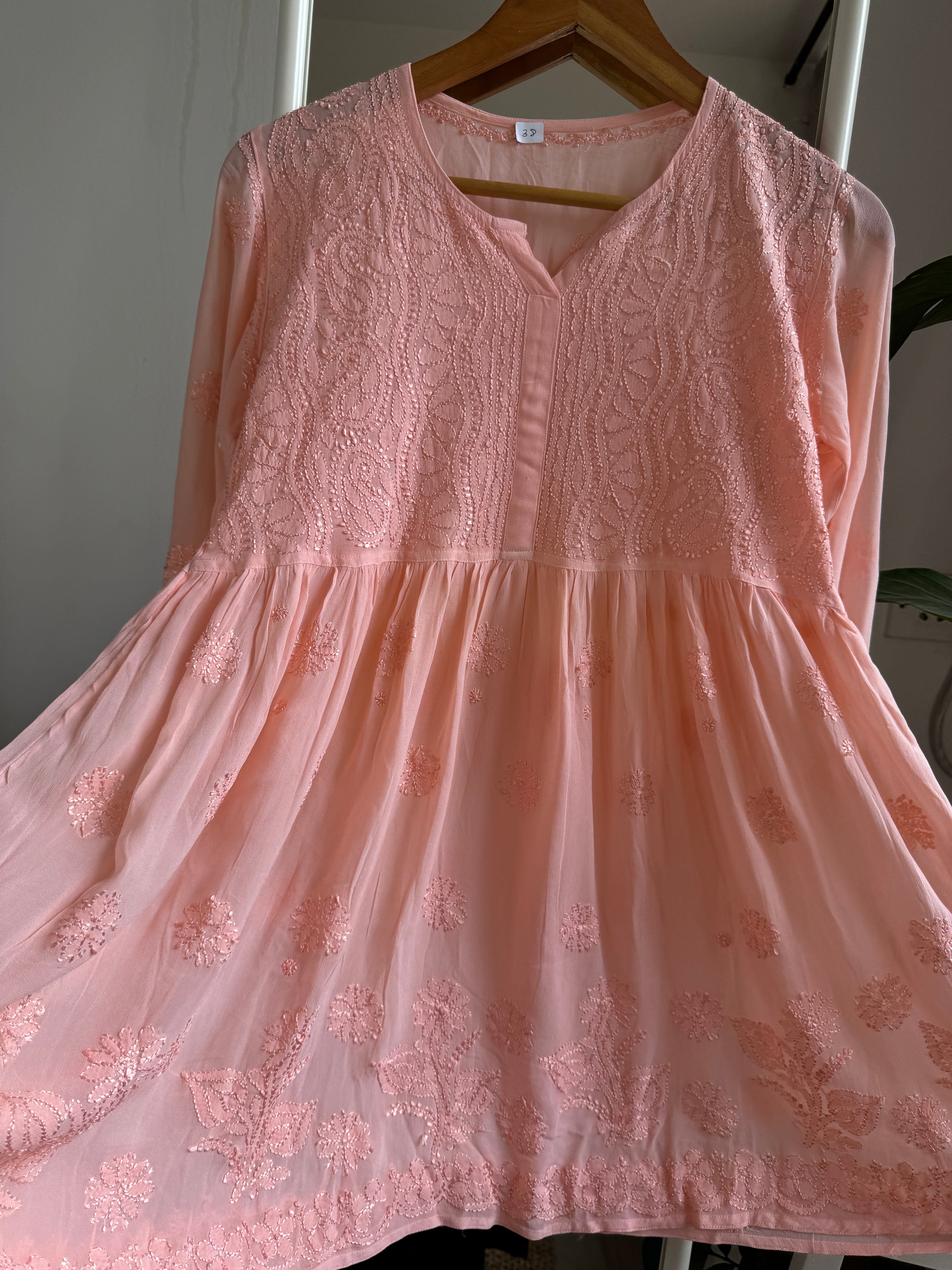 Chikankari Viscose Georgette  Peplum short Top in Peach