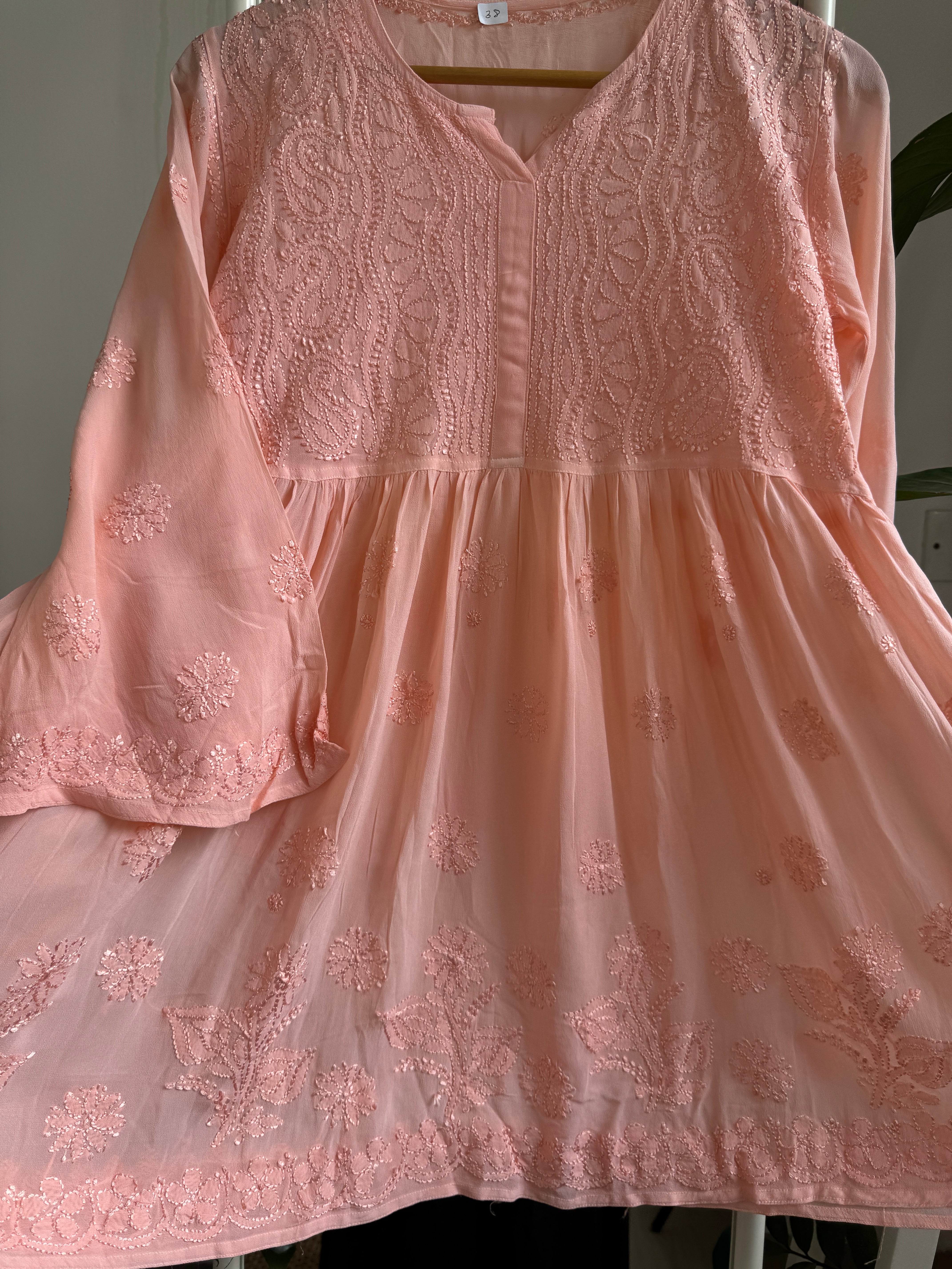 Chikankari Viscose Georgette  Peplum short Top in Peach