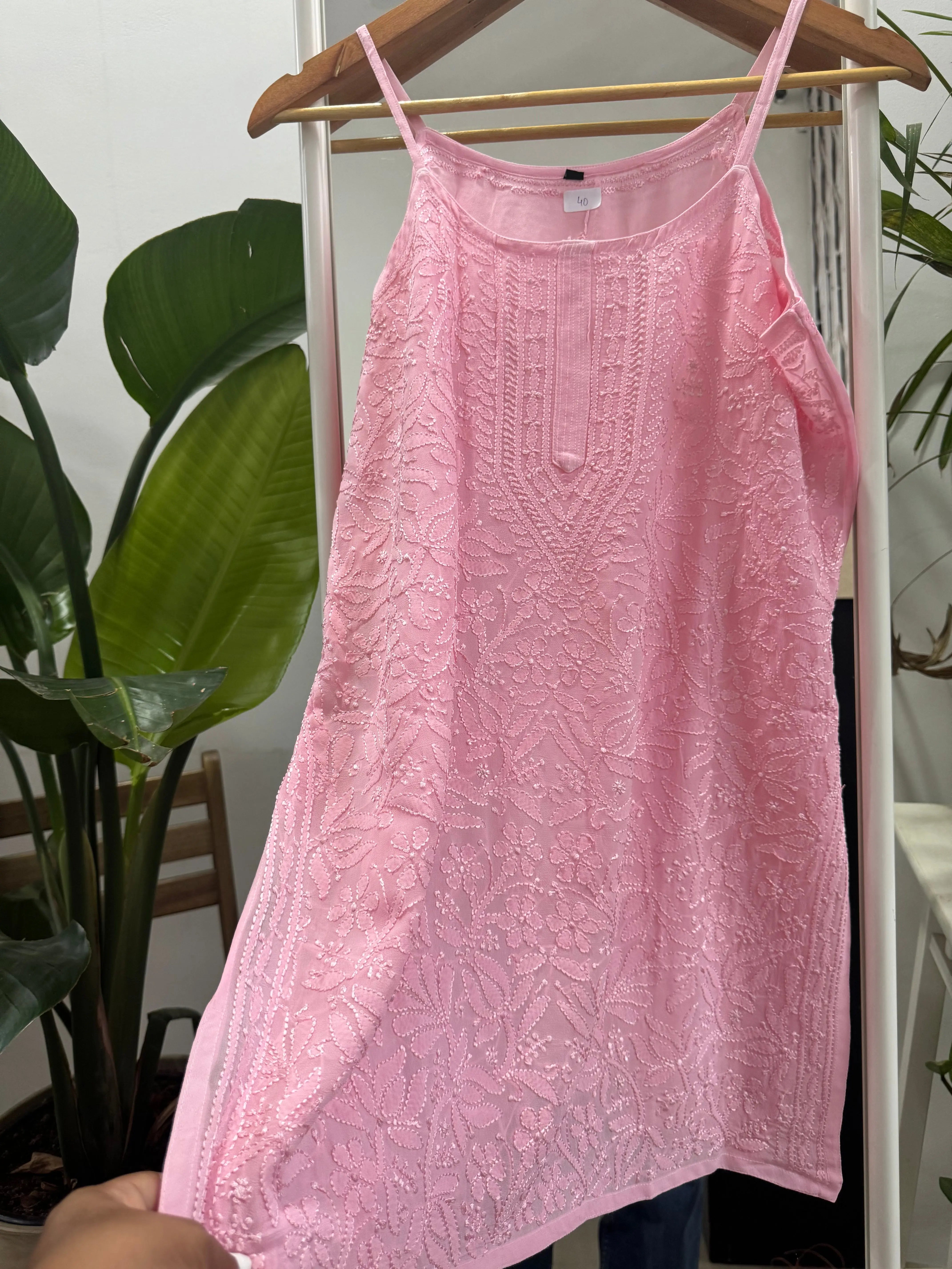 Chikankari Noodle Strap Top in Pink - ARIAA CHIKANKARI