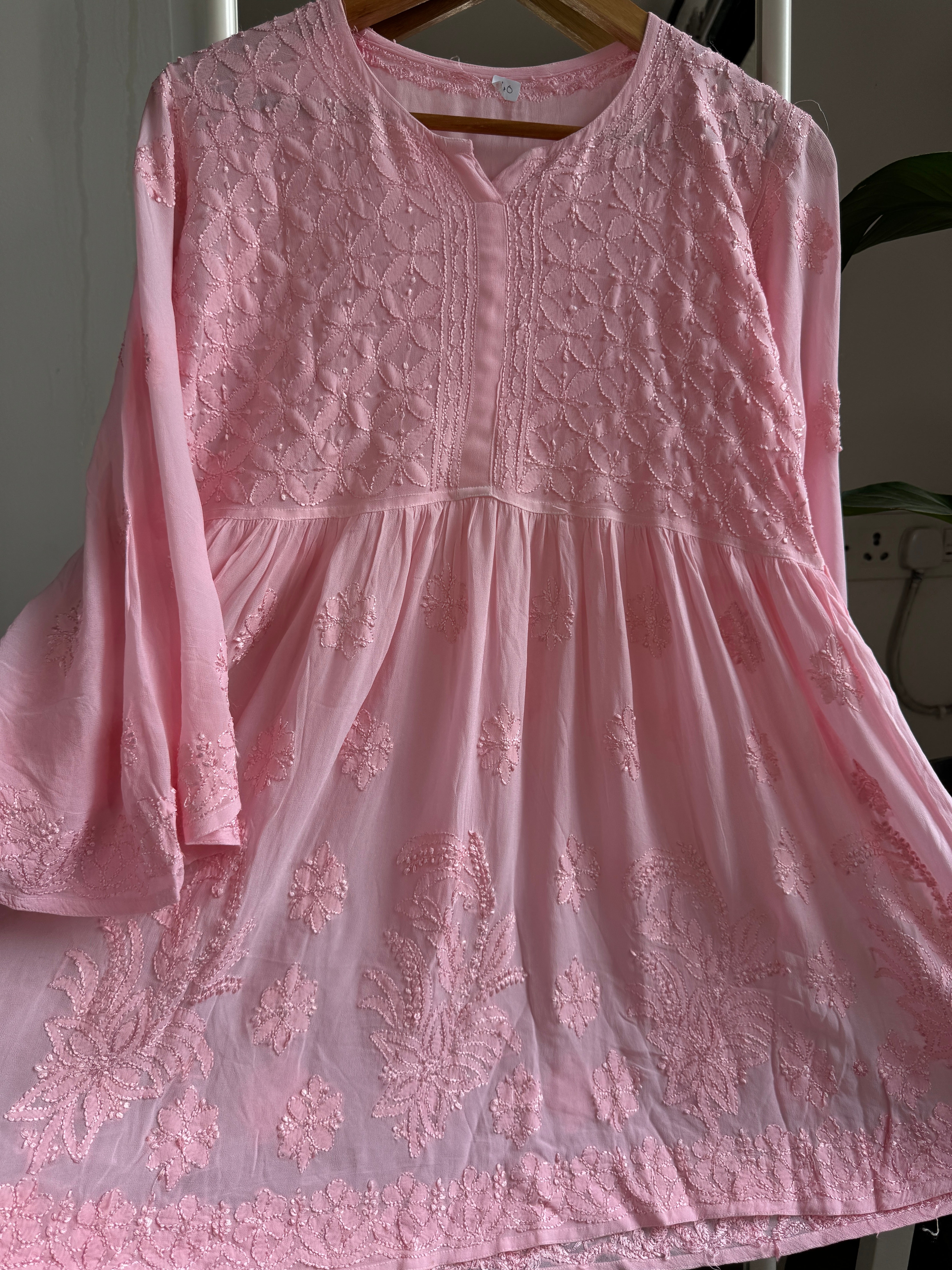 Chikankari Viscose Georgette  Peplum short Top in Pink