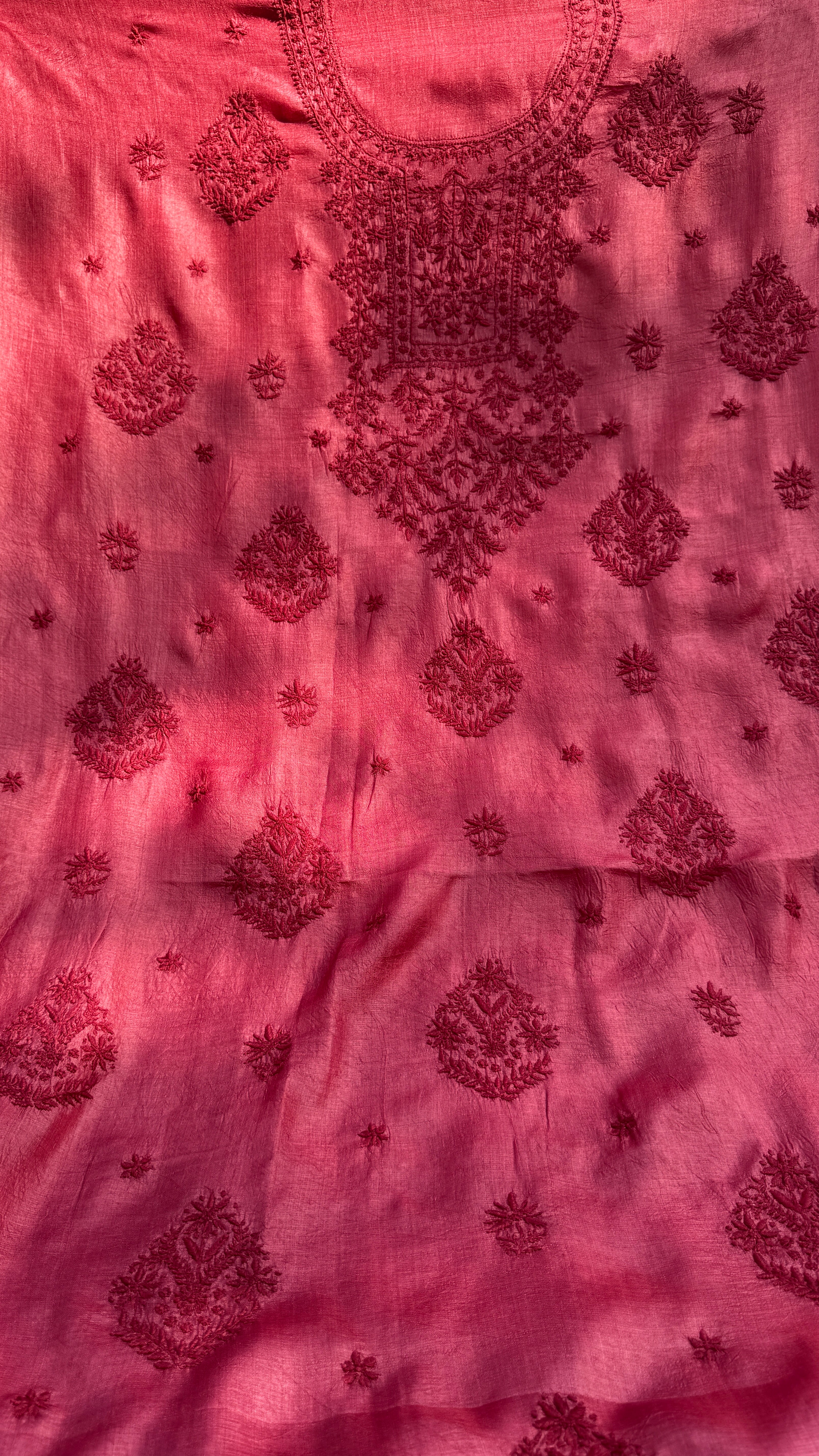 Pure Tussar Silk Chikankari Length with Dupatta - Maroon Red