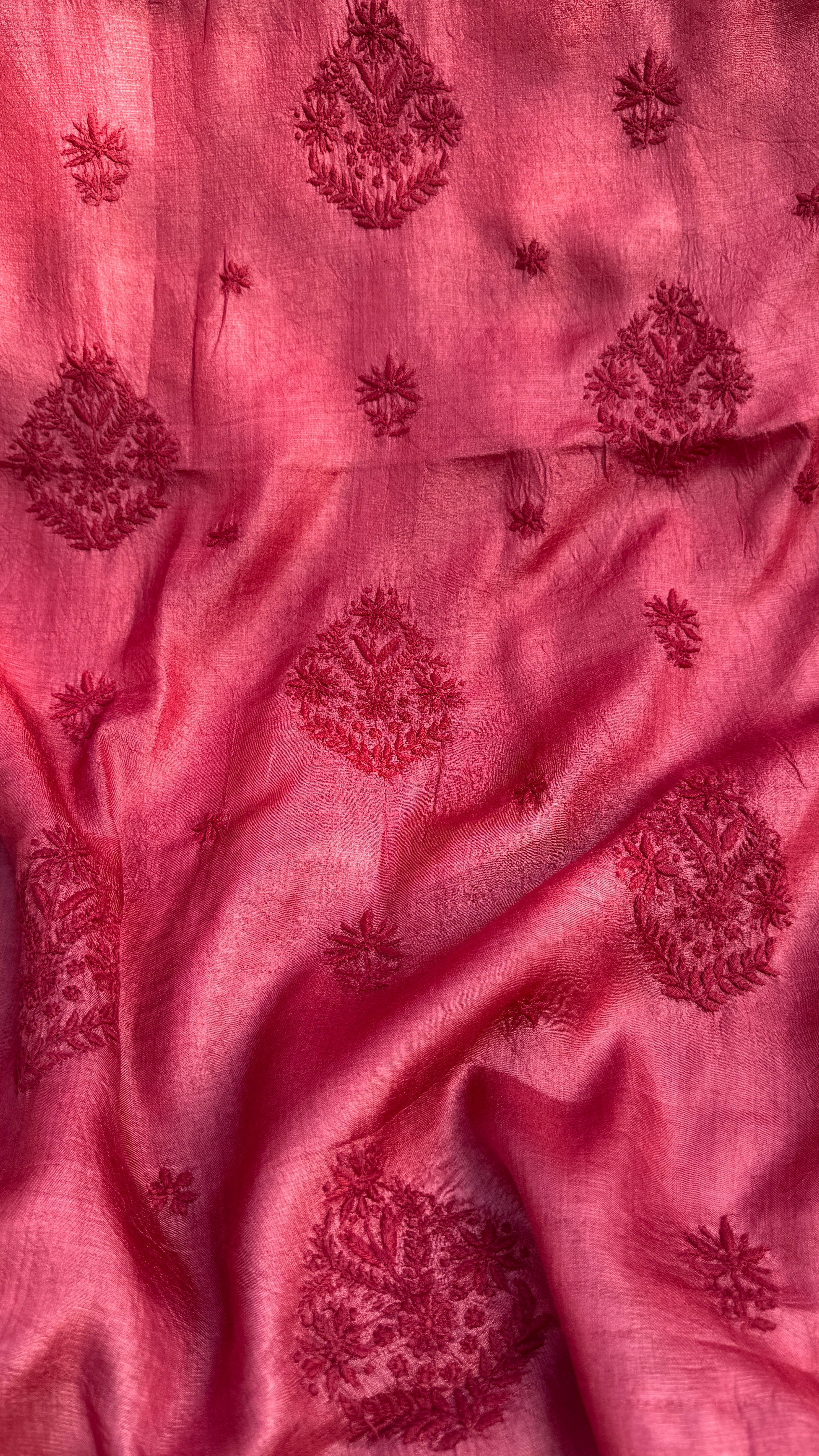 Pure Tussar Silk Chikankari Length with Dupatta - Maroon Red