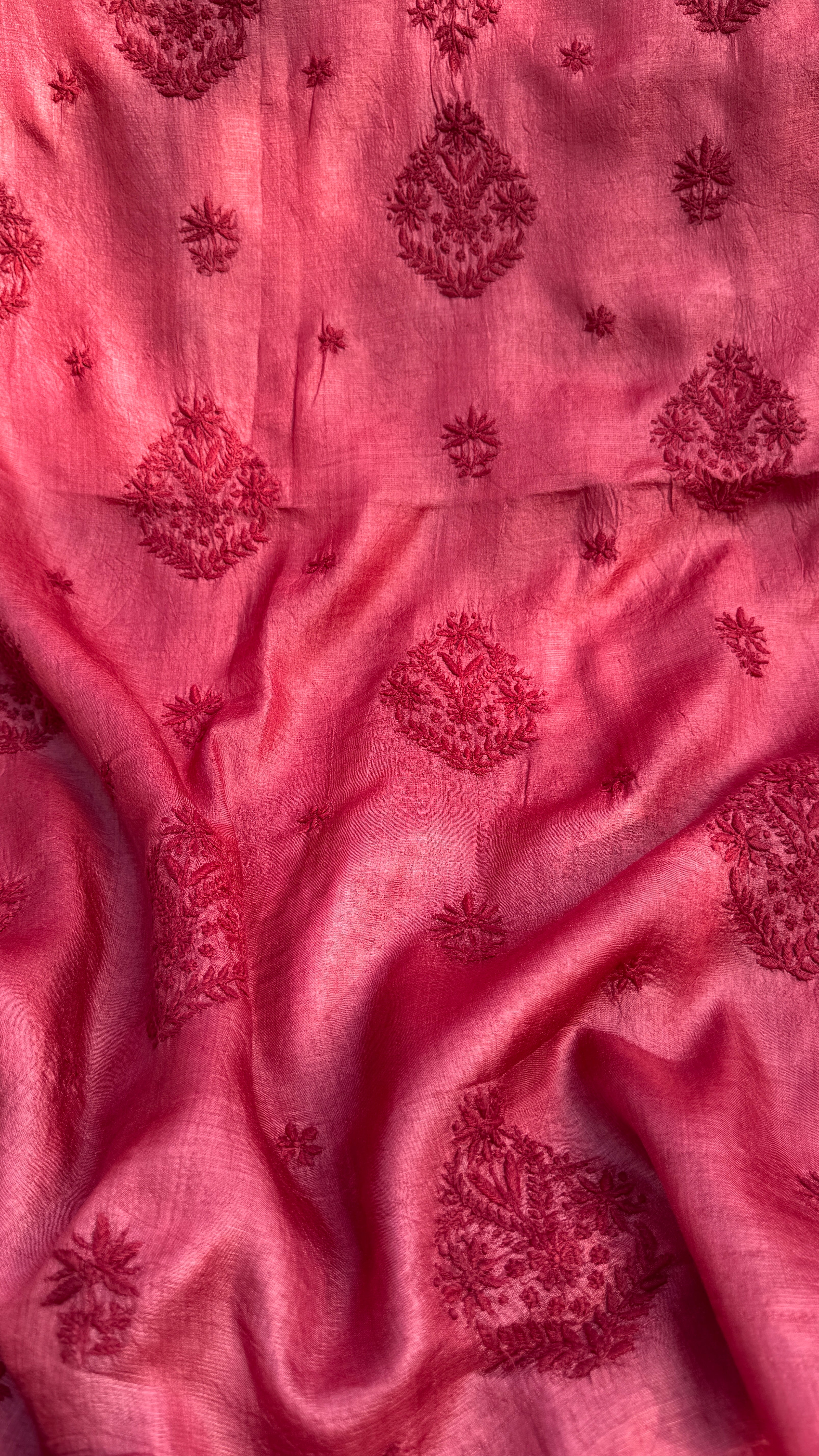 Pure Tussar Silk Chikankari Length with Dupatta - Maroon Red