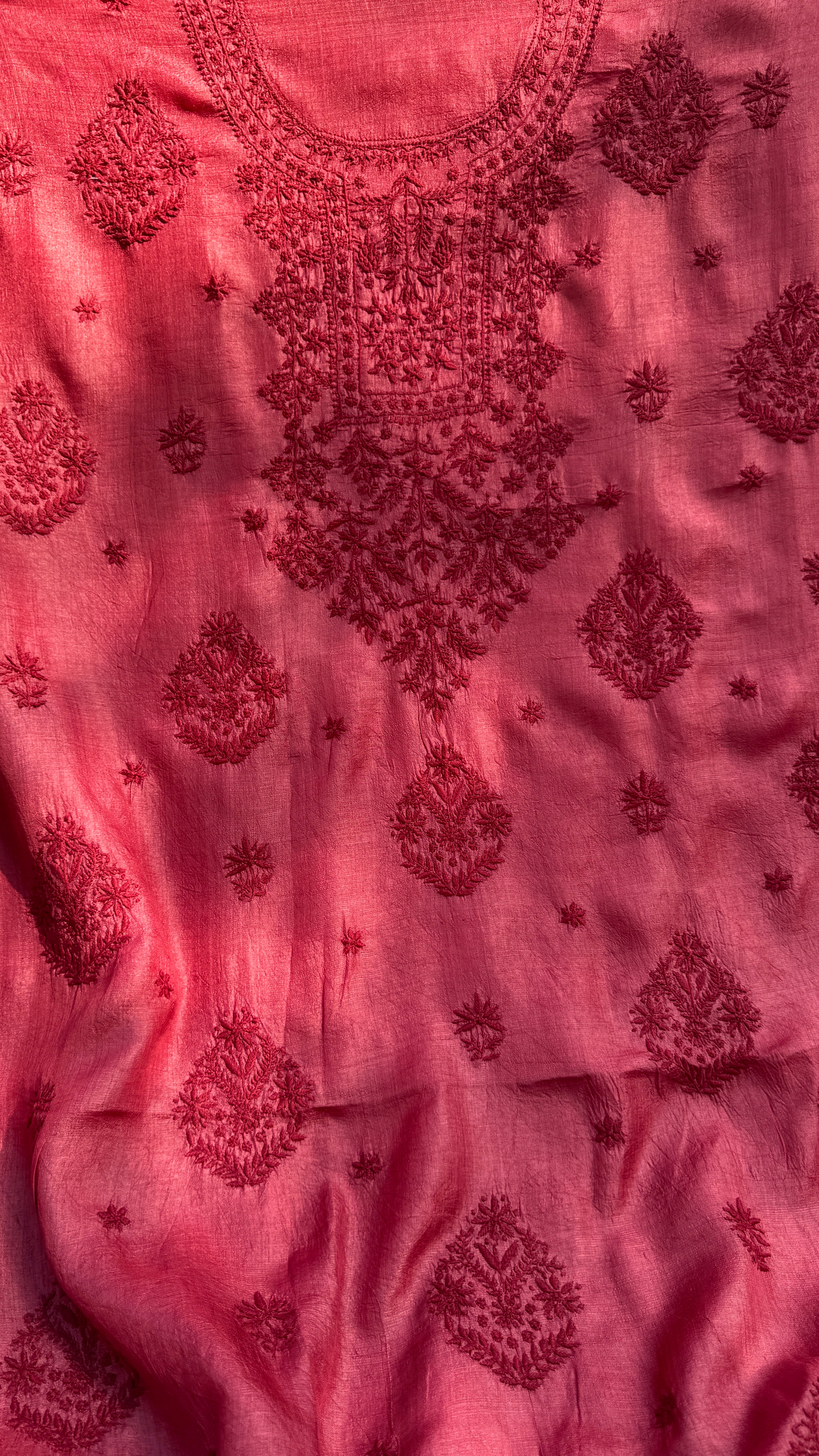 Pure Tussar Silk Chikankari Length with Dupatta - Maroon Red