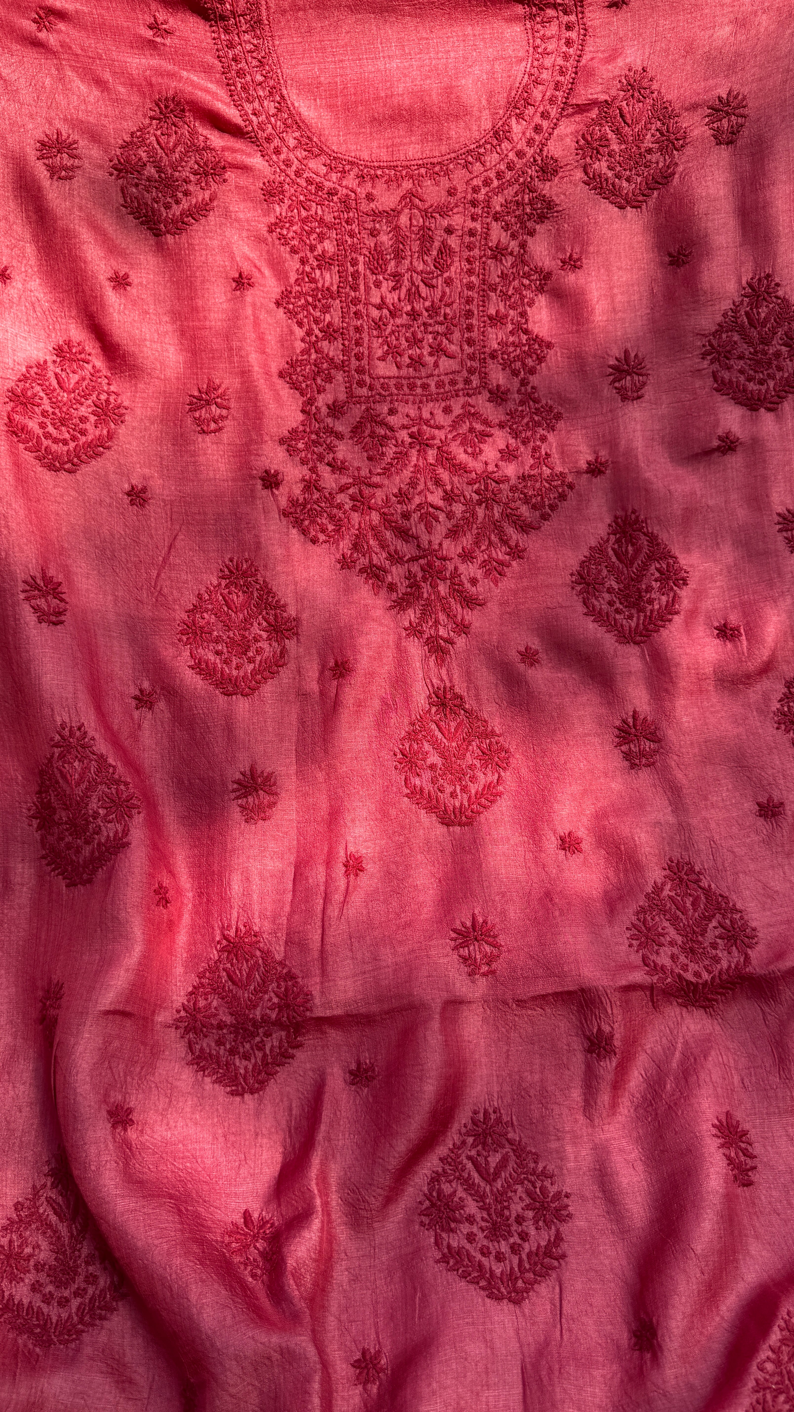 Pure Tussar Silk Chikankari Length with Dupatta - Maroon Red