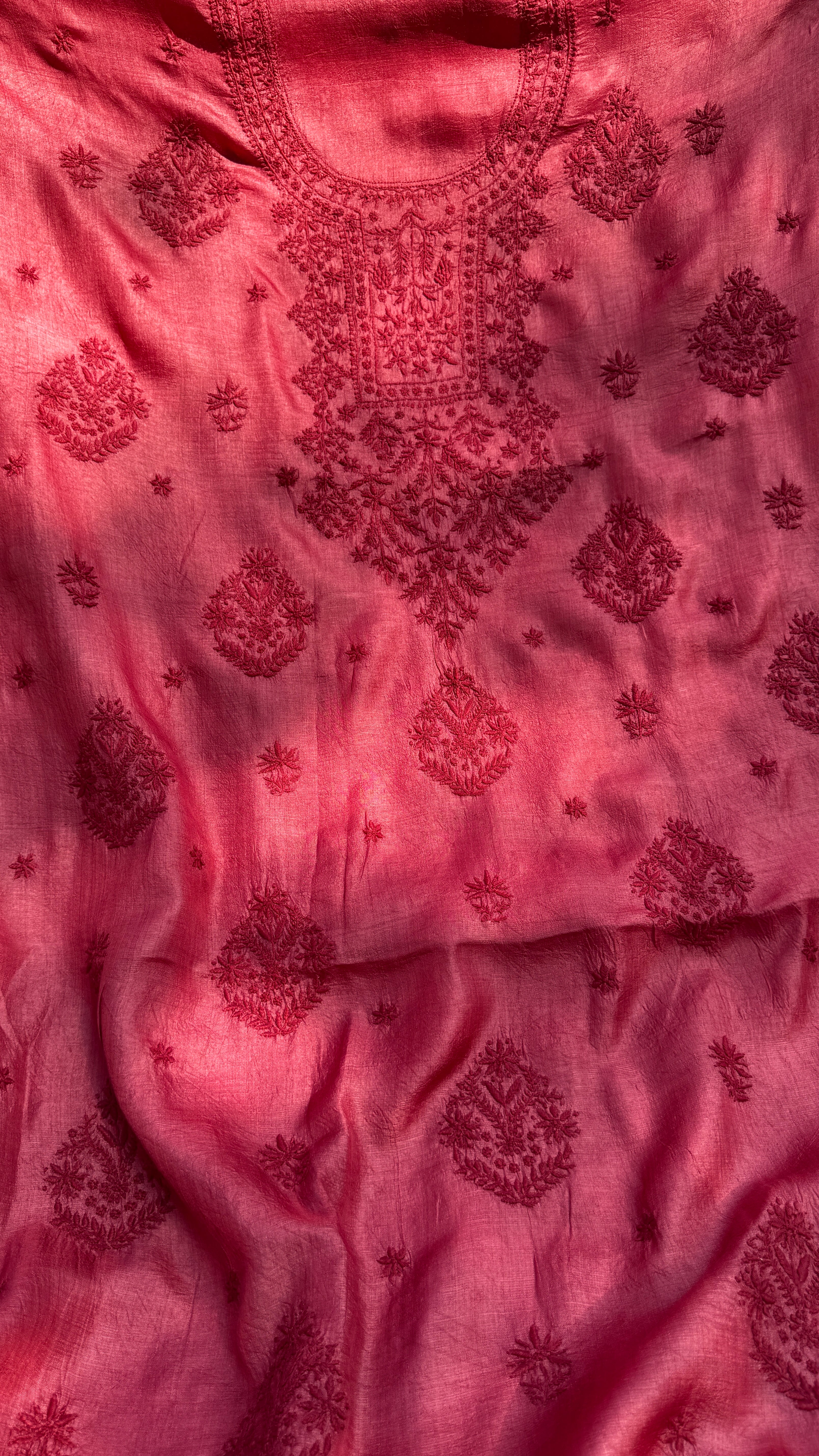 Pure Tussar Silk Chikankari Length with Dupatta - Maroon Red