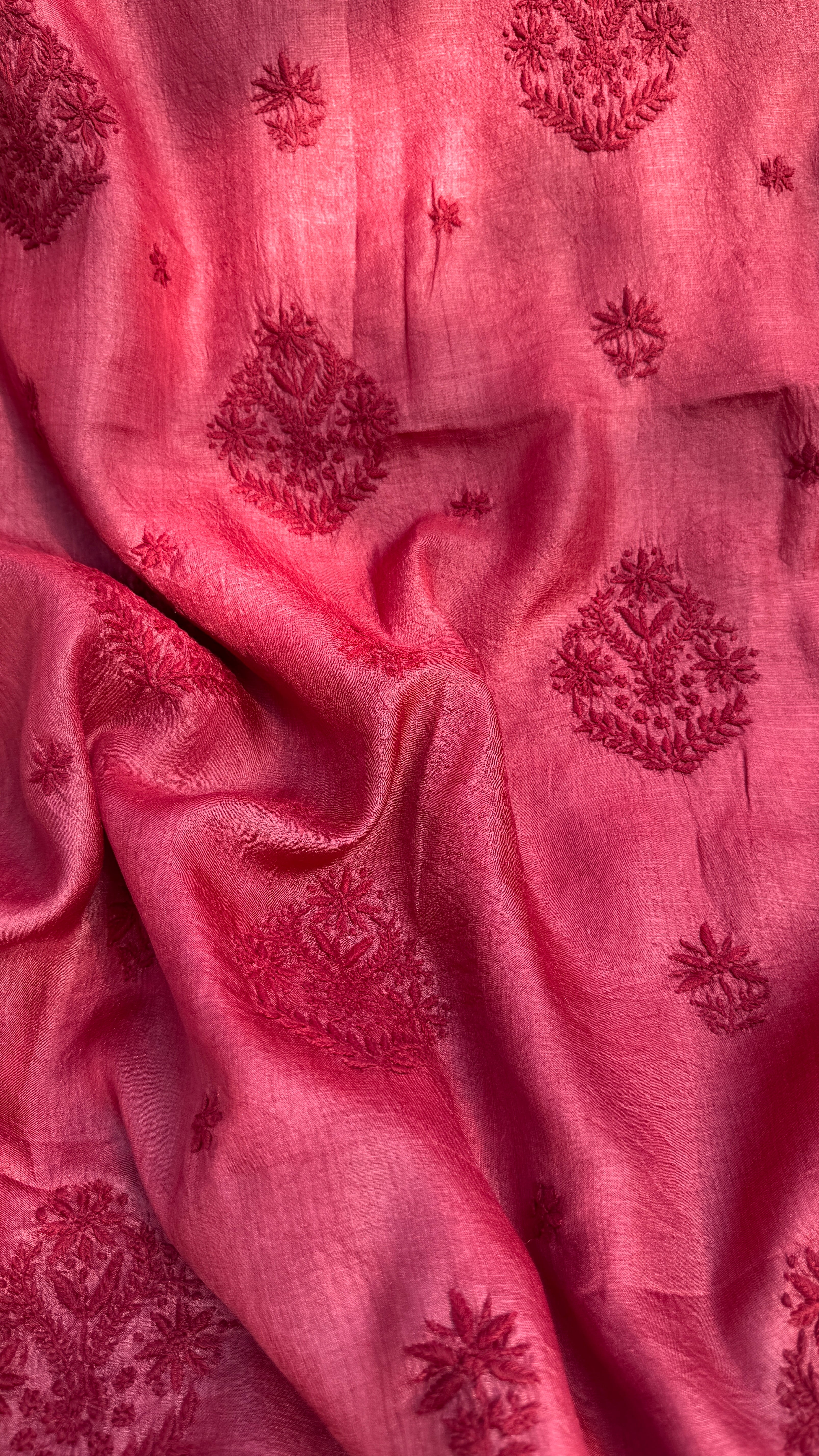Pure Tussar Silk Chikankari Length with Dupatta - Maroon Red