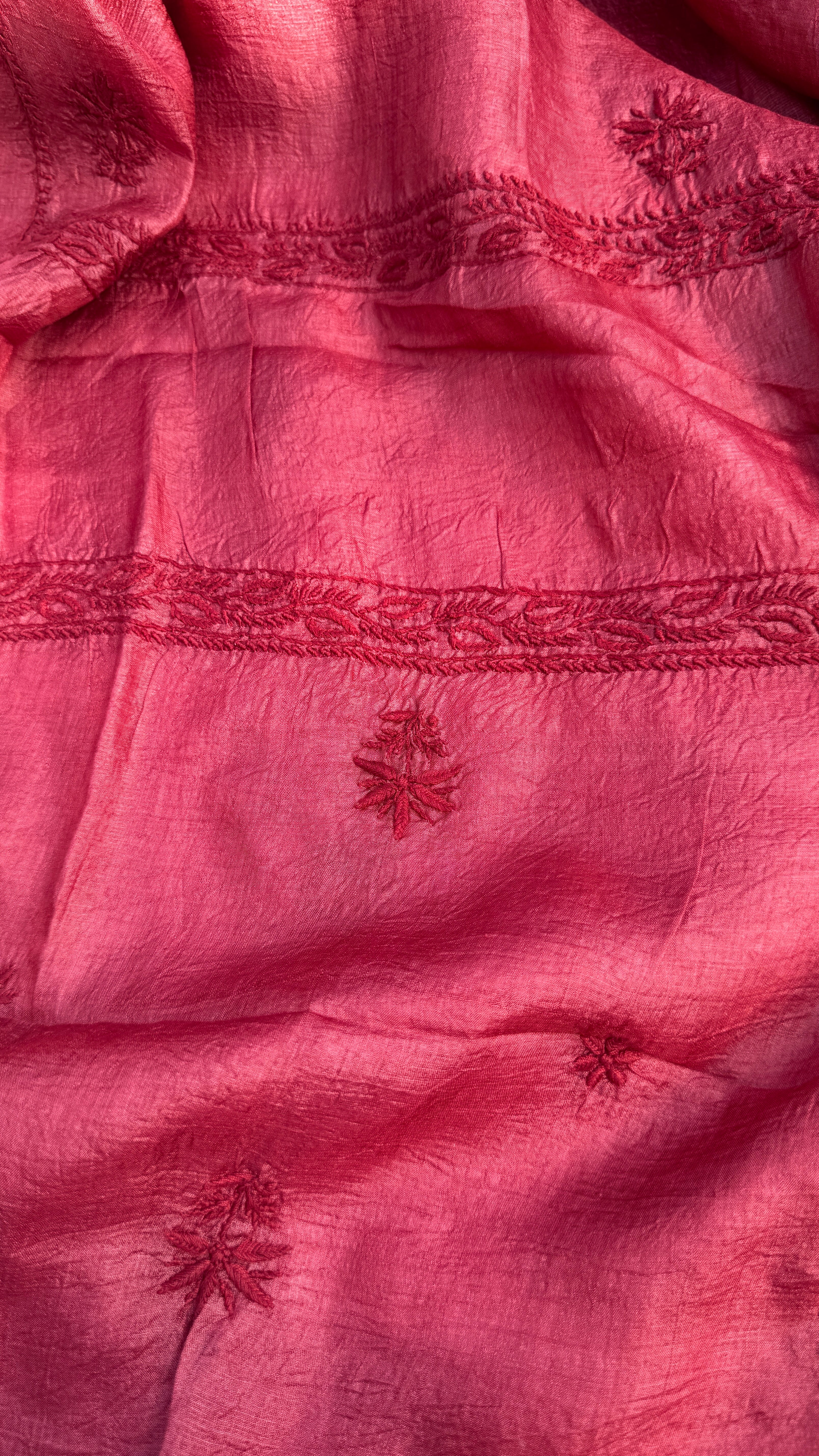 Pure Tussar Silk Chikankari Length with Dupatta - Maroon Red