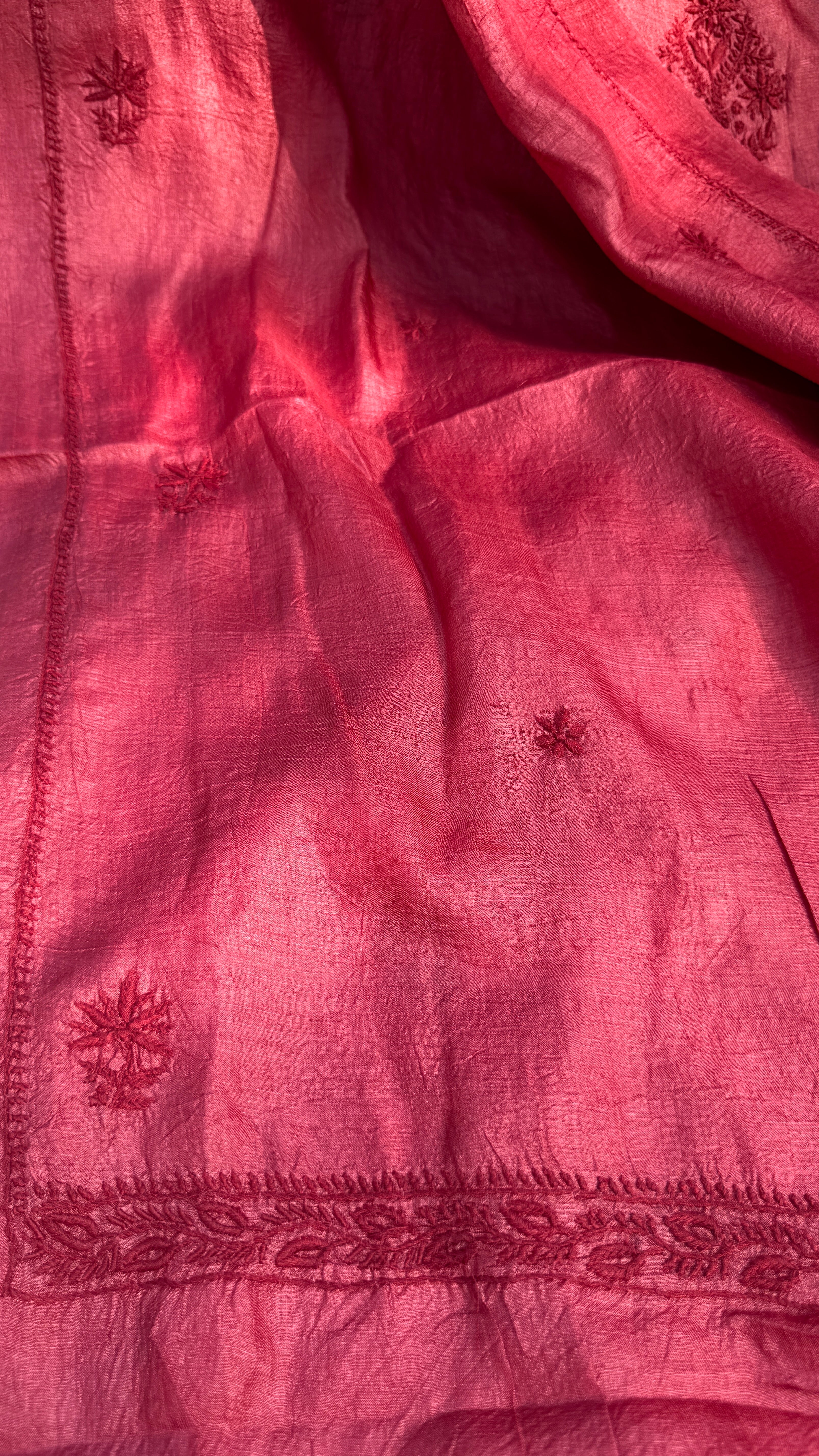Pure Tussar Silk Chikankari Length with Dupatta - Maroon Red