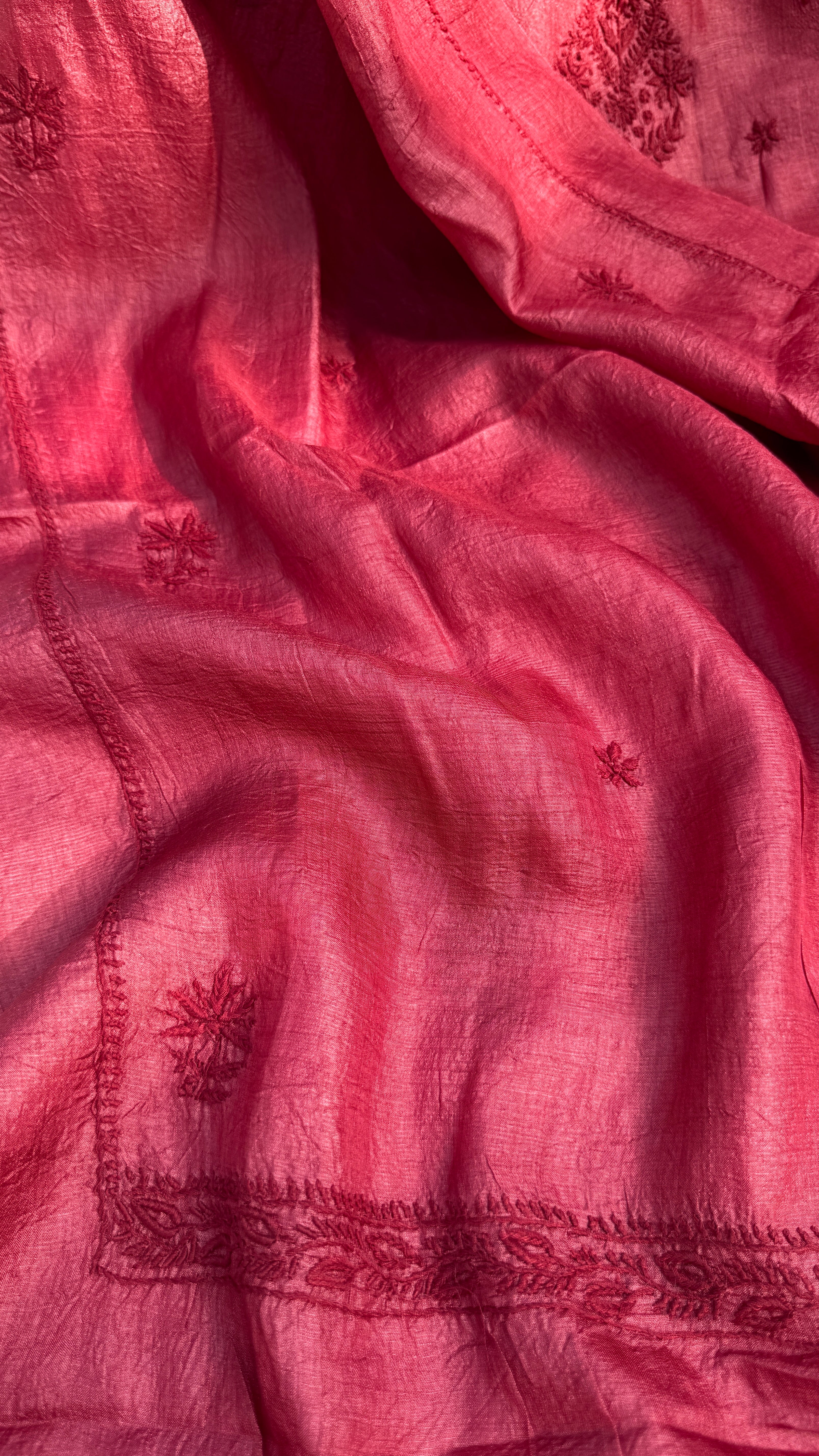 Pure Tussar Silk Chikankari Length with Dupatta - Maroon Red