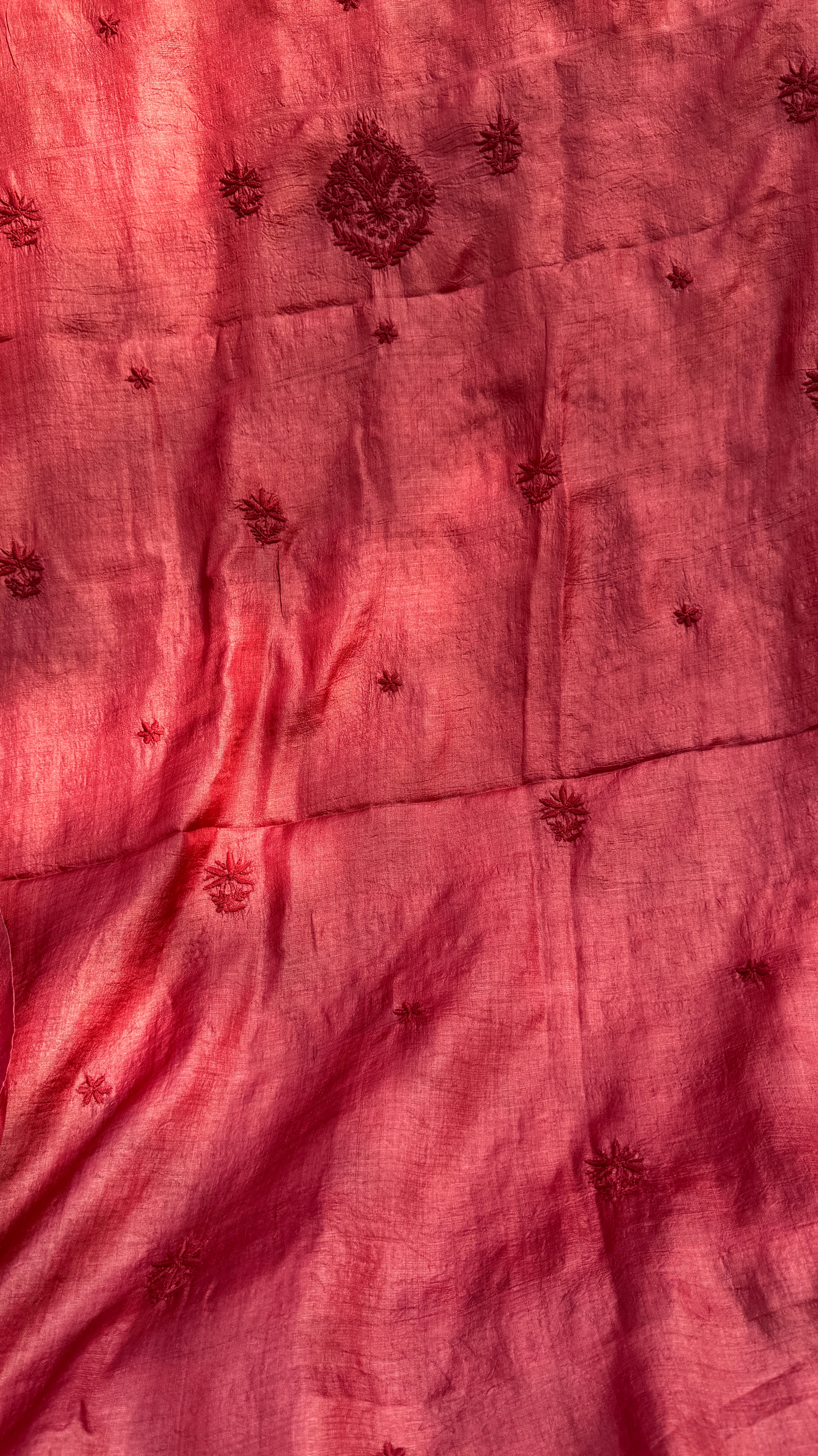 Pure Tussar Silk Chikankari Length with Dupatta - Maroon Red