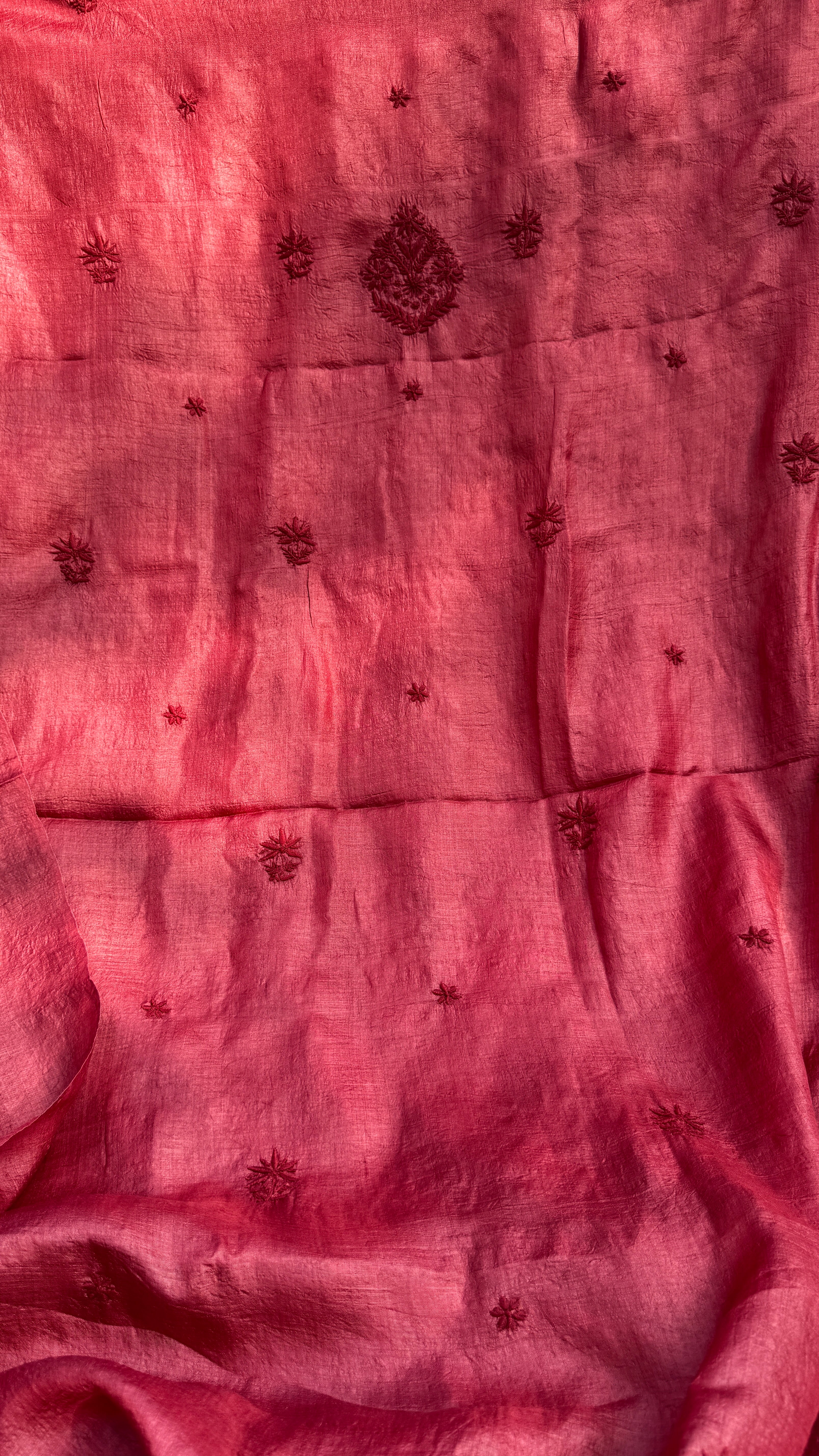 Pure Tussar Silk Chikankari Length with Dupatta - Maroon Red
