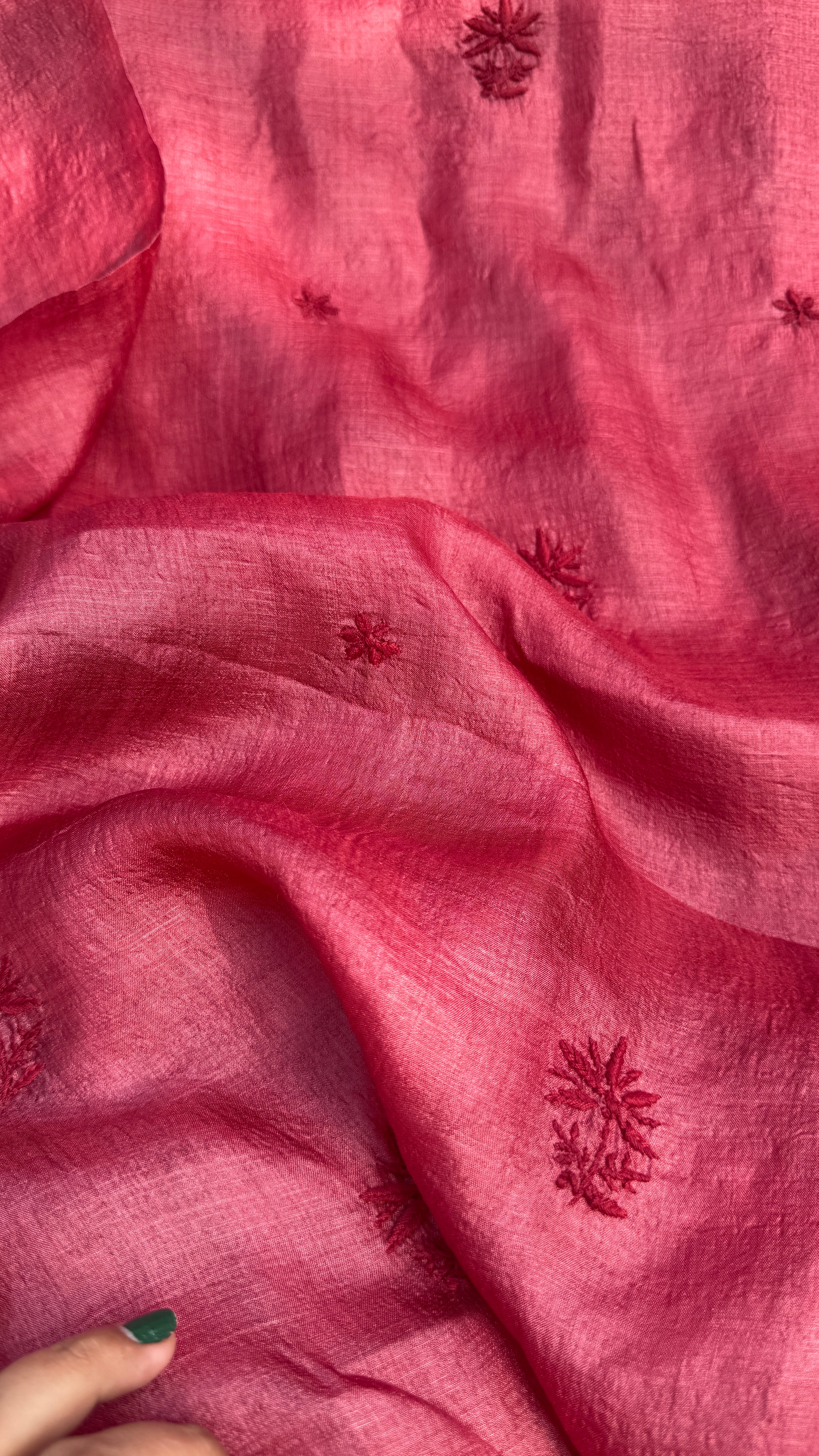 Pure Tussar Silk Chikankari Length with Dupatta - Maroon Red