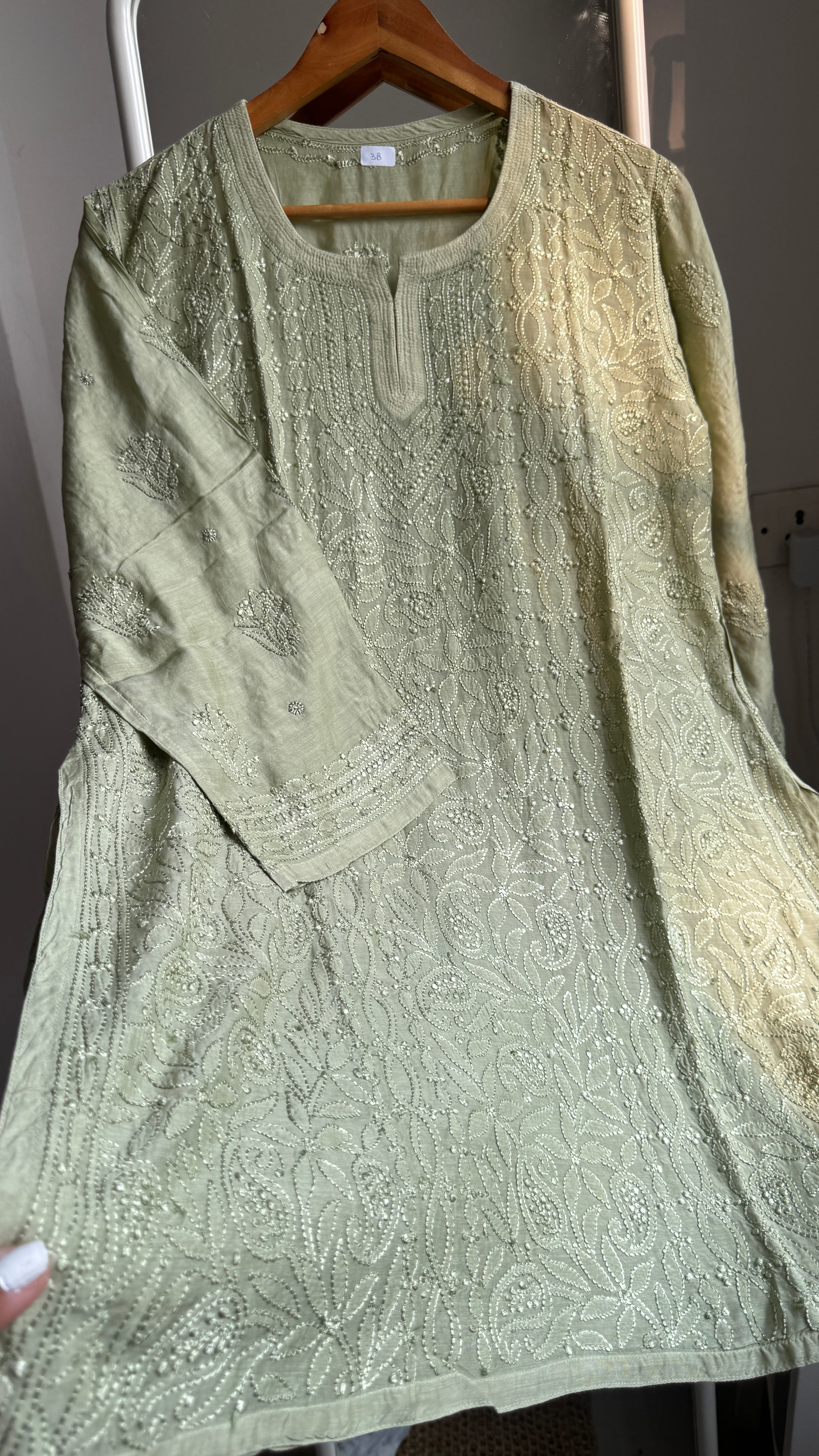 Chikankari Muslin short Top in Sage Green - HOOR Collection