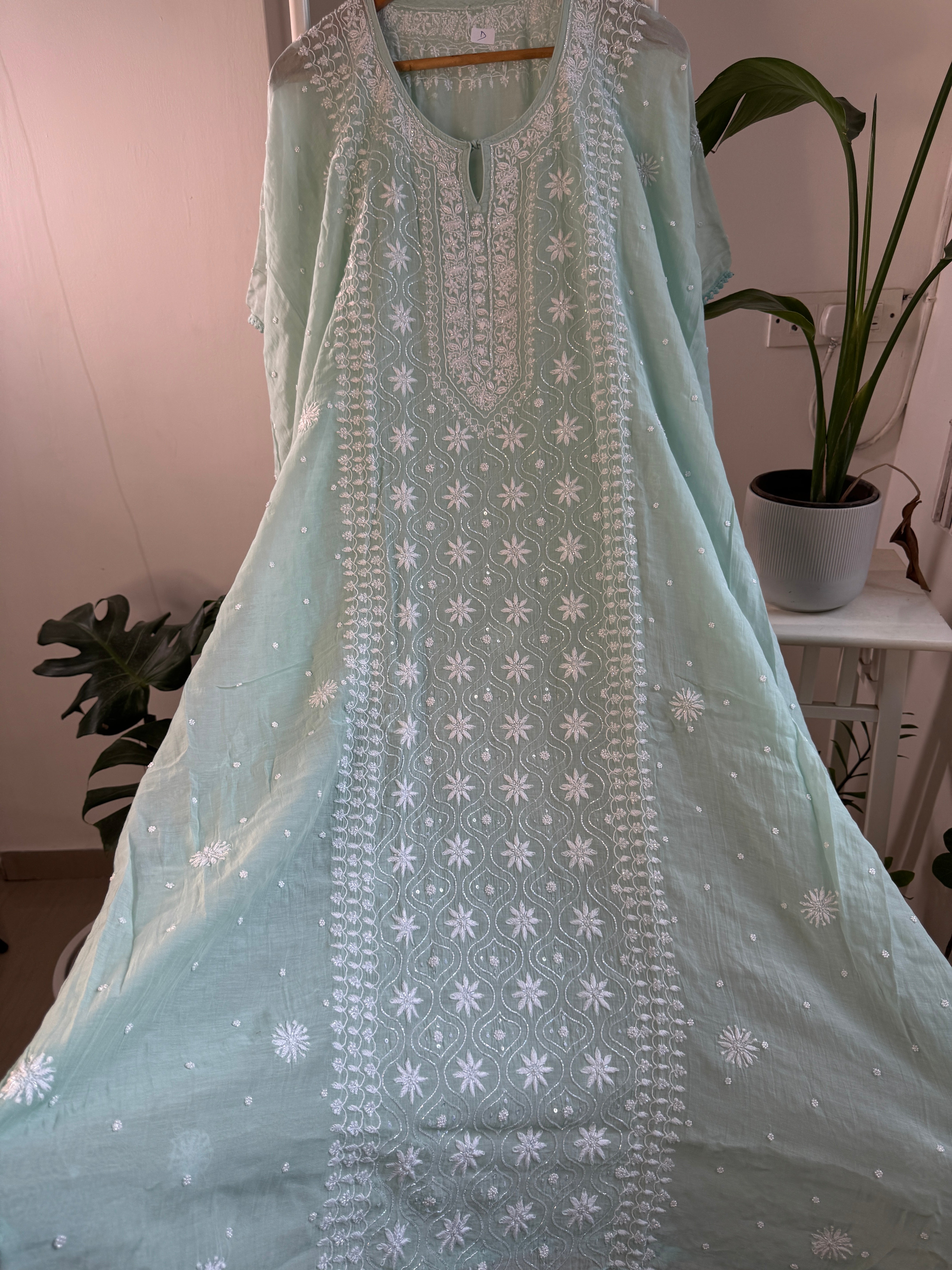 Mul Chanderi Chikankari Kaftan - Green