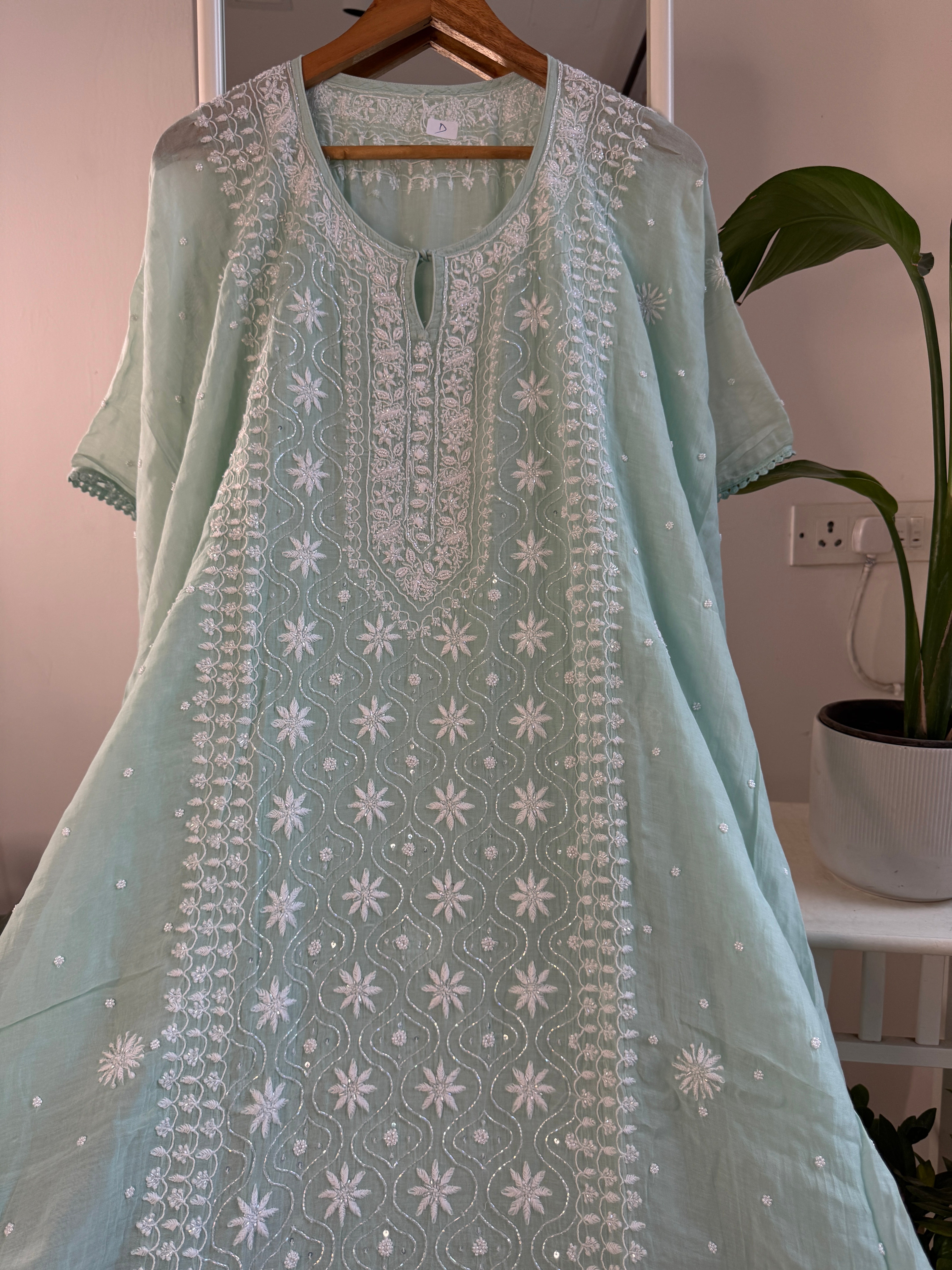 Mul Chanderi Chikankari Kaftan - Green