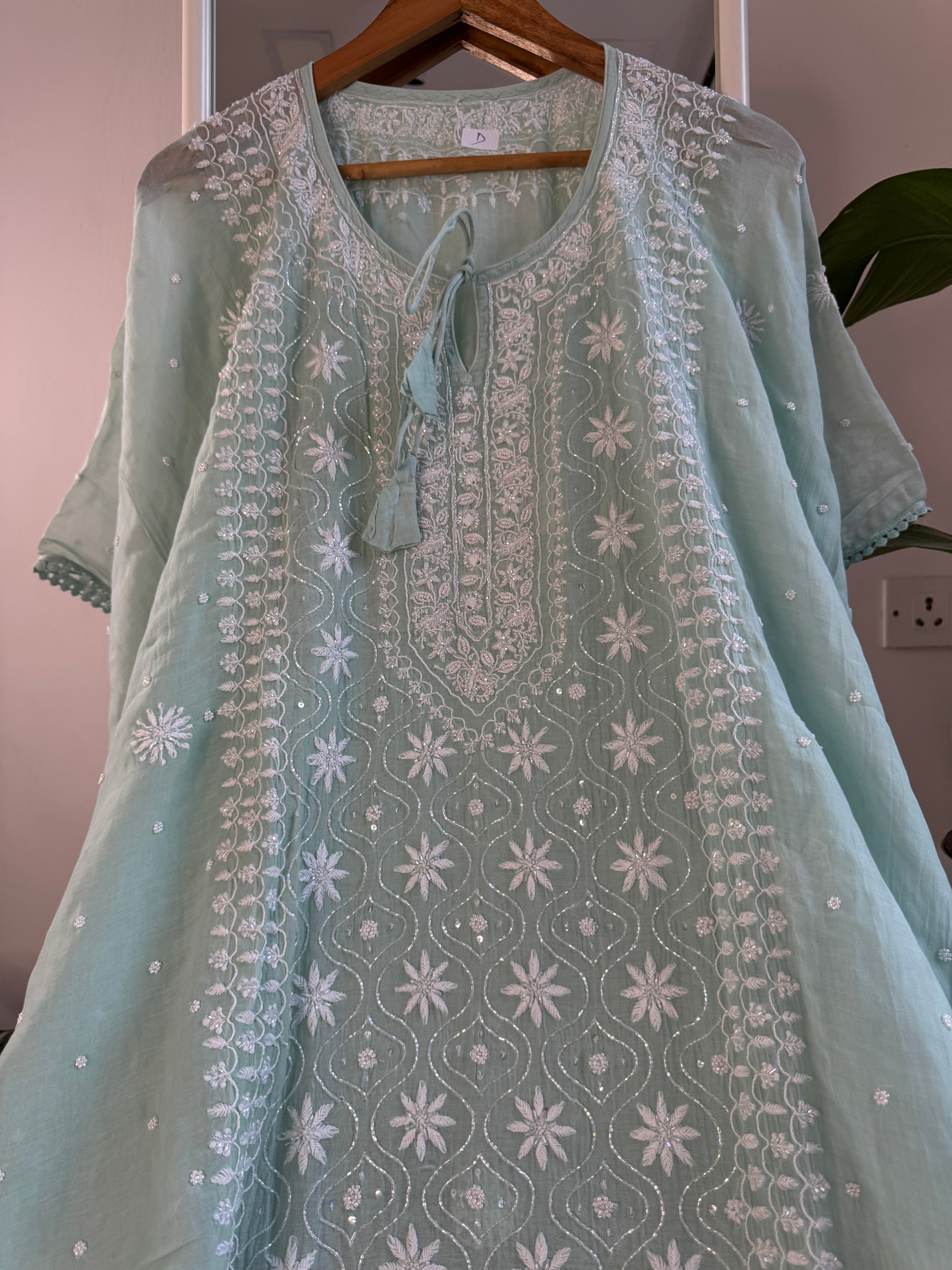 Mul Chanderi Chikankari Kaftan - Green