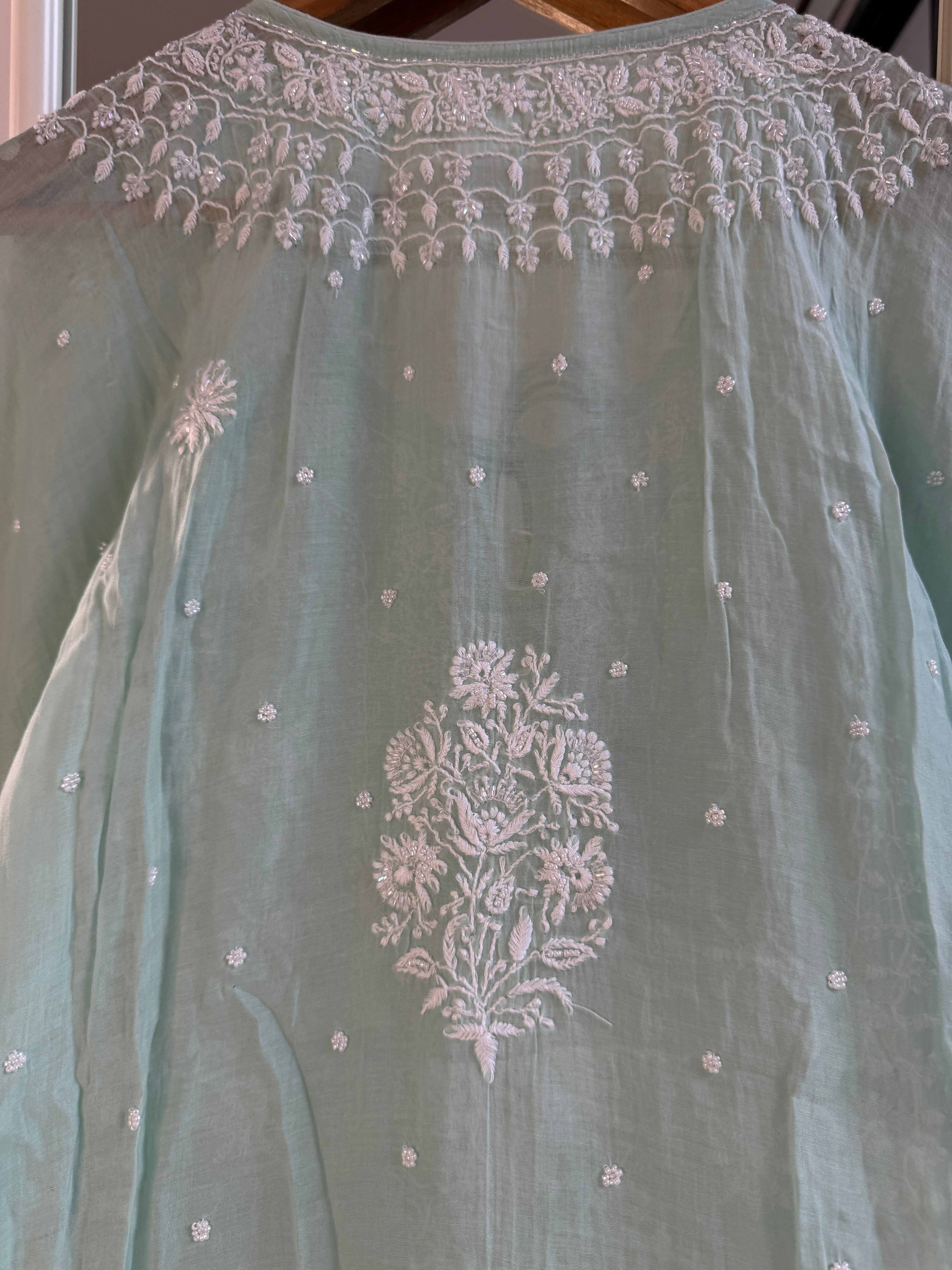 Mul Chanderi Chikankari Kaftan - Green