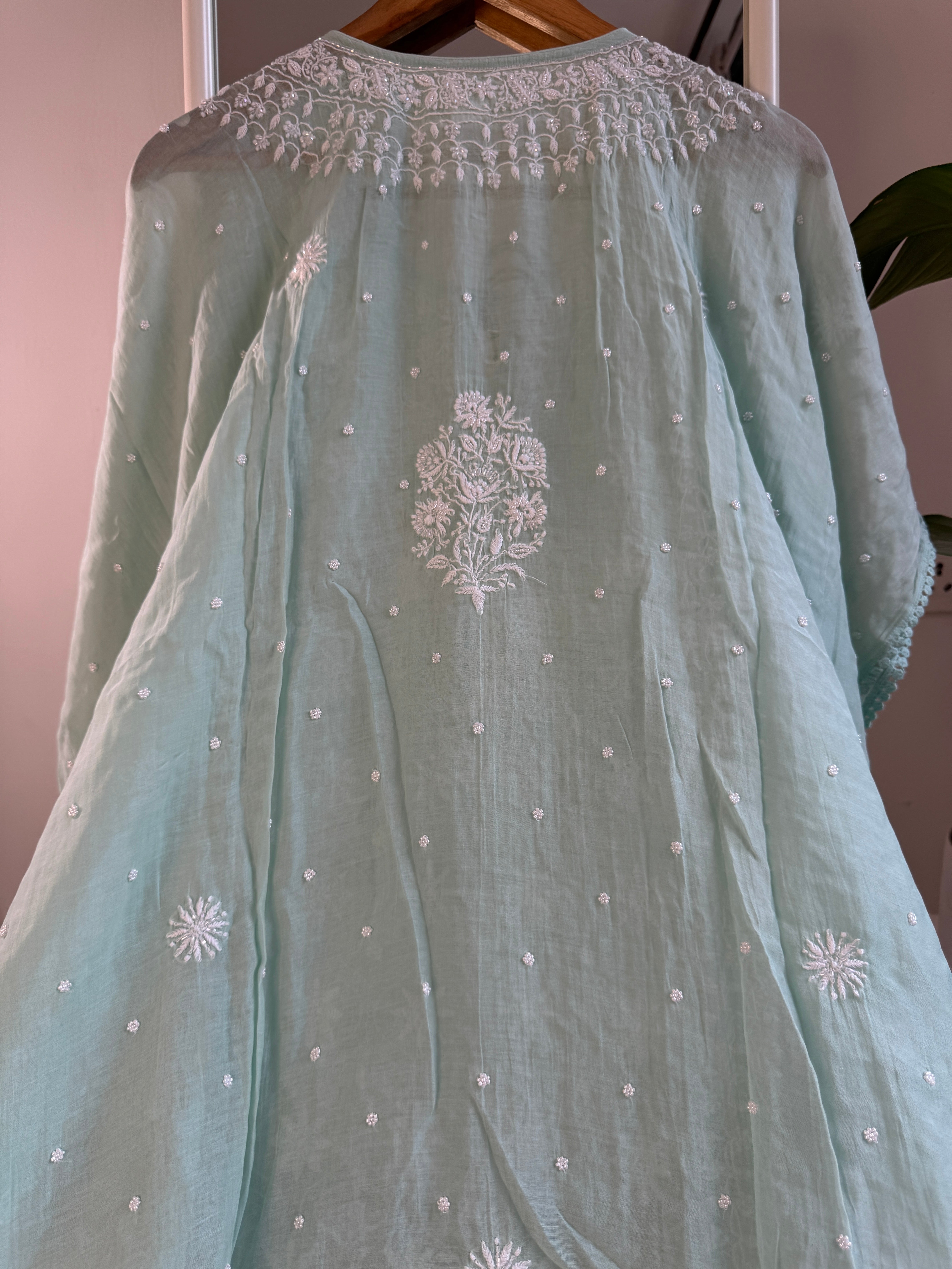 Mul Chanderi Chikankari Kaftan - Green