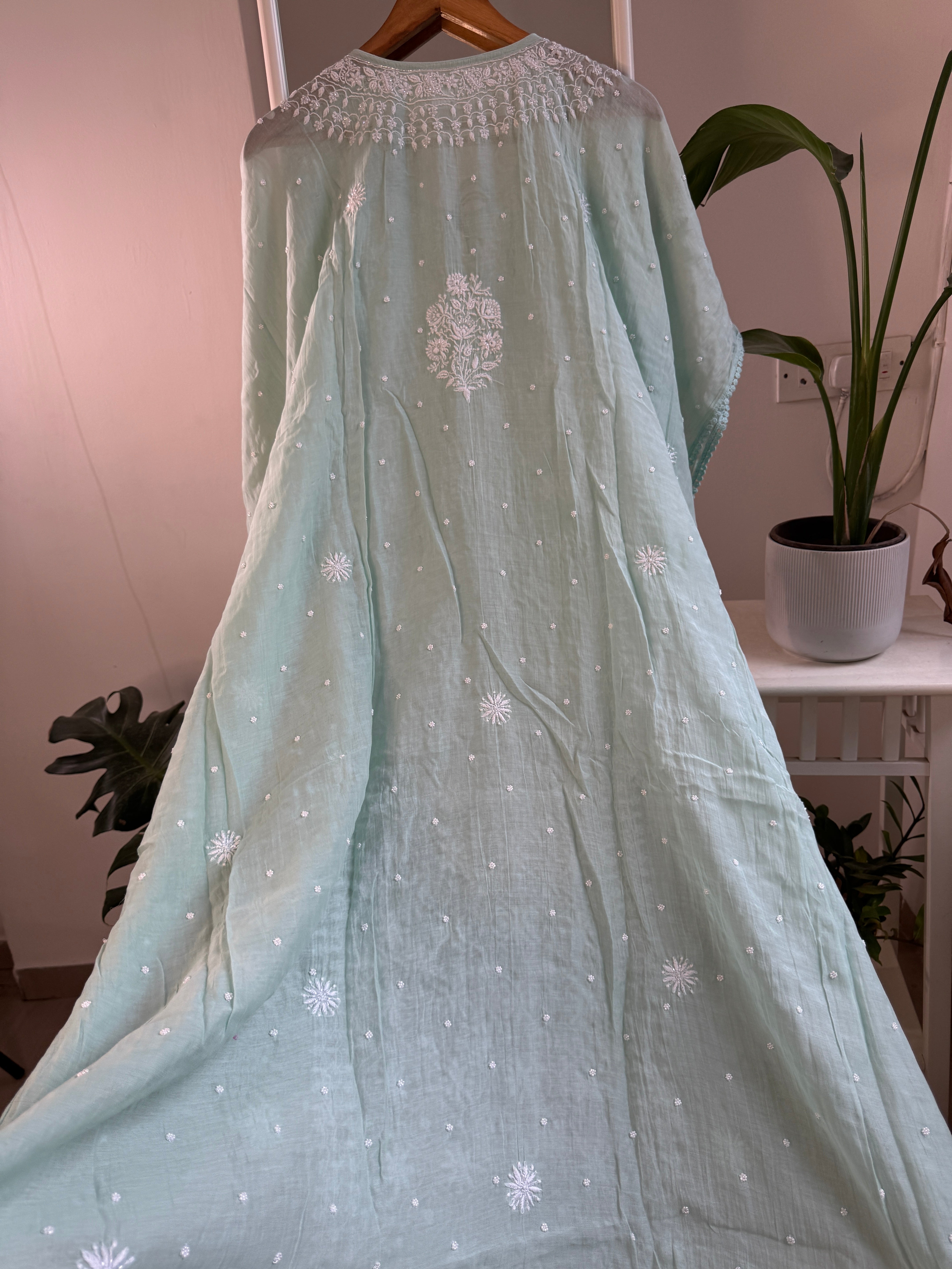 Mul Chanderi Chikankari Kaftan - Green