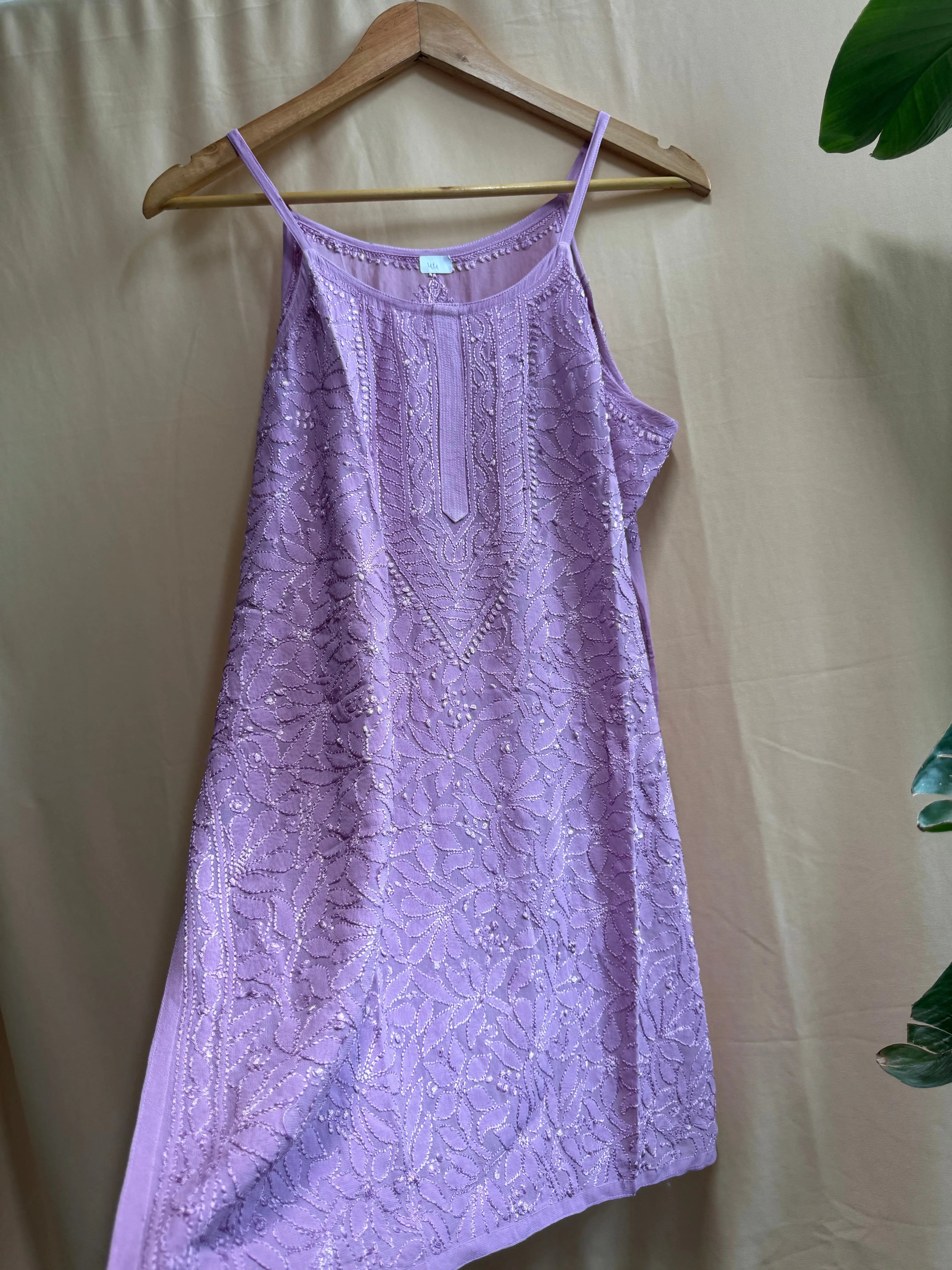 Chikankari Noodle Strap short Top in lavender purple ARIAA CHIKANKARI 