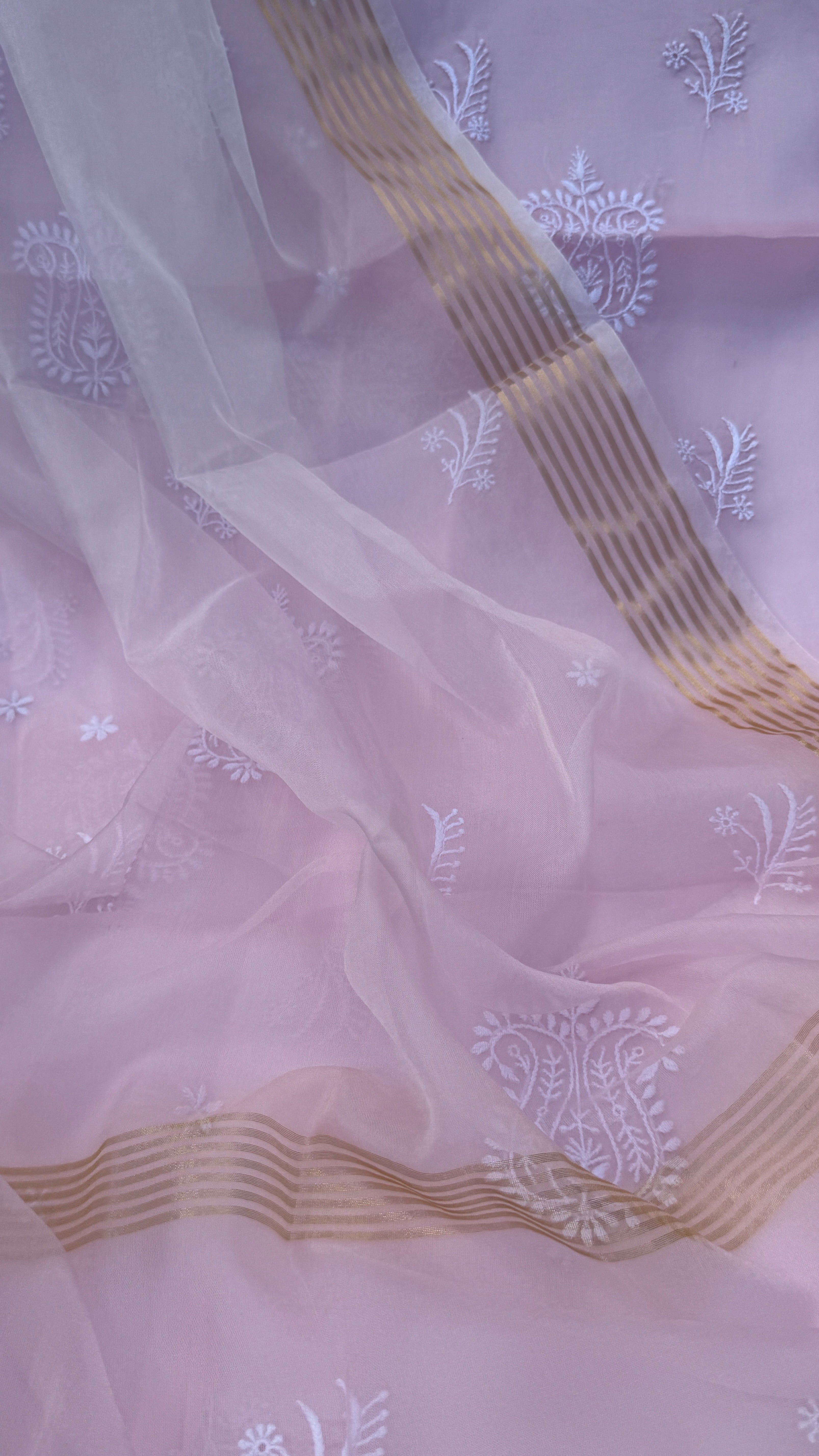 Pure Organza Lucknow Chikankari Unstitched Suit Set - Pink