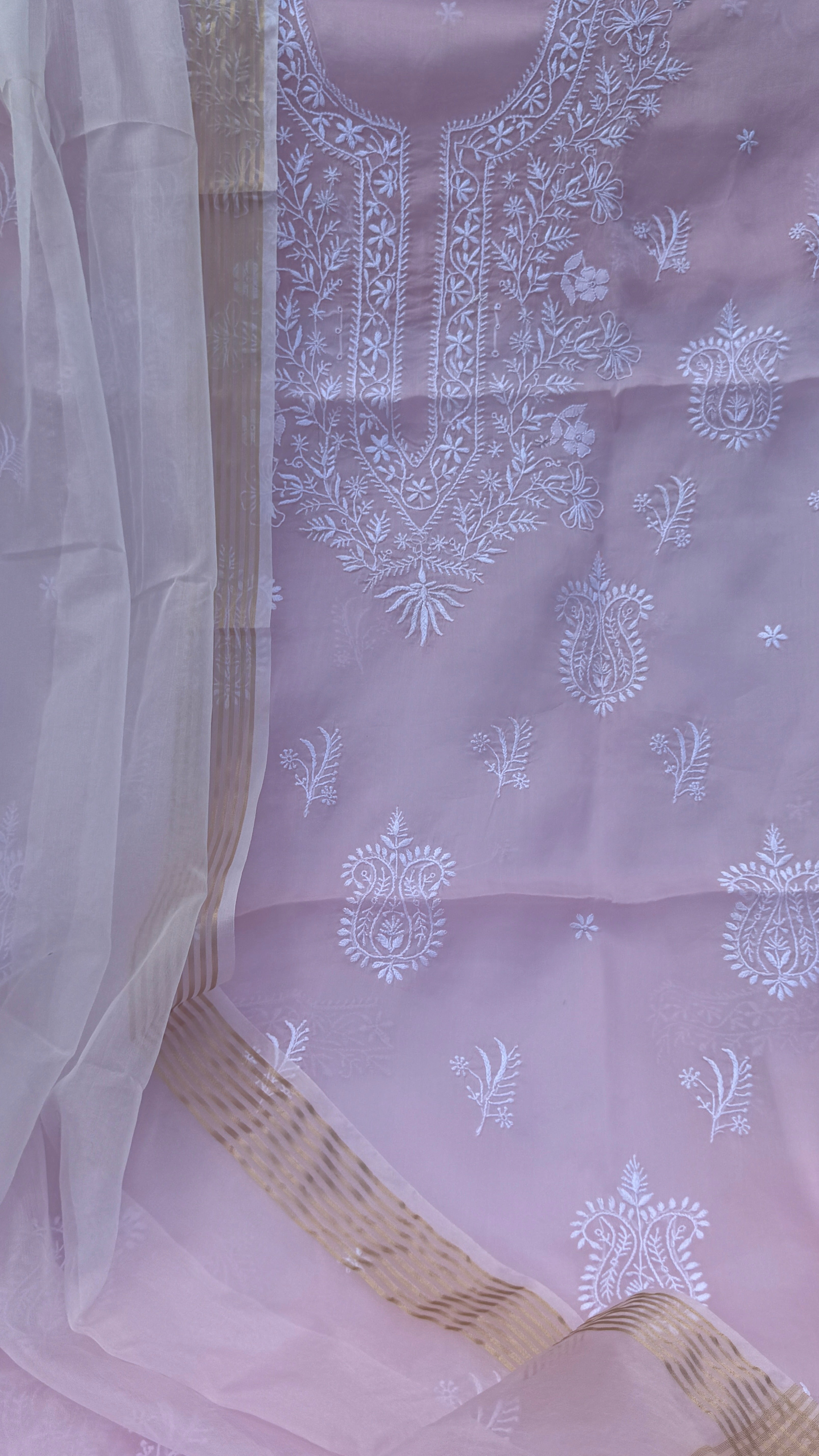 Pure Organza Lucknow Chikankari Unstitched Suit Set - Pink