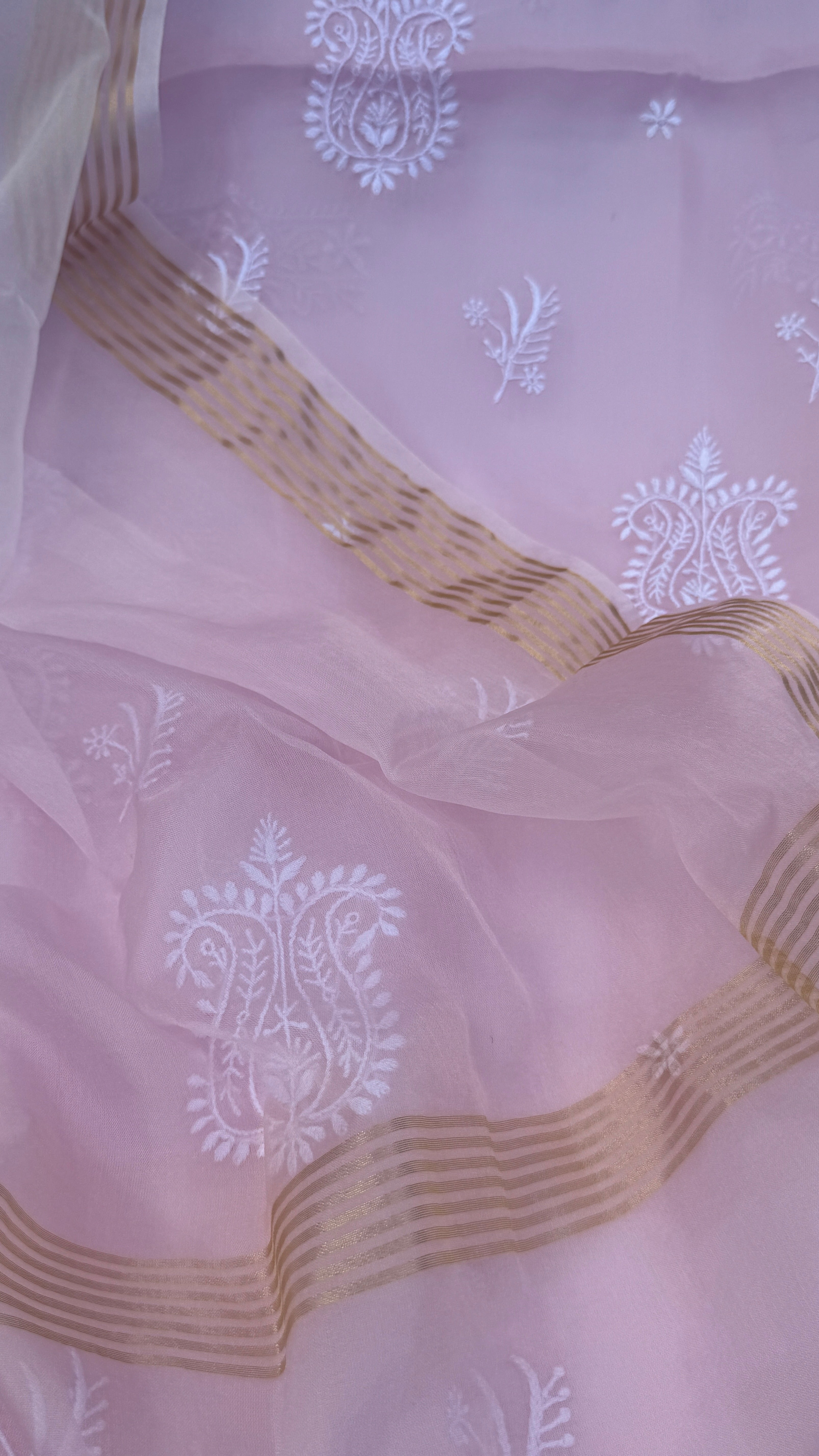 Pure Organza Lucknow Chikankari Unstitched Suit Set - Pink
