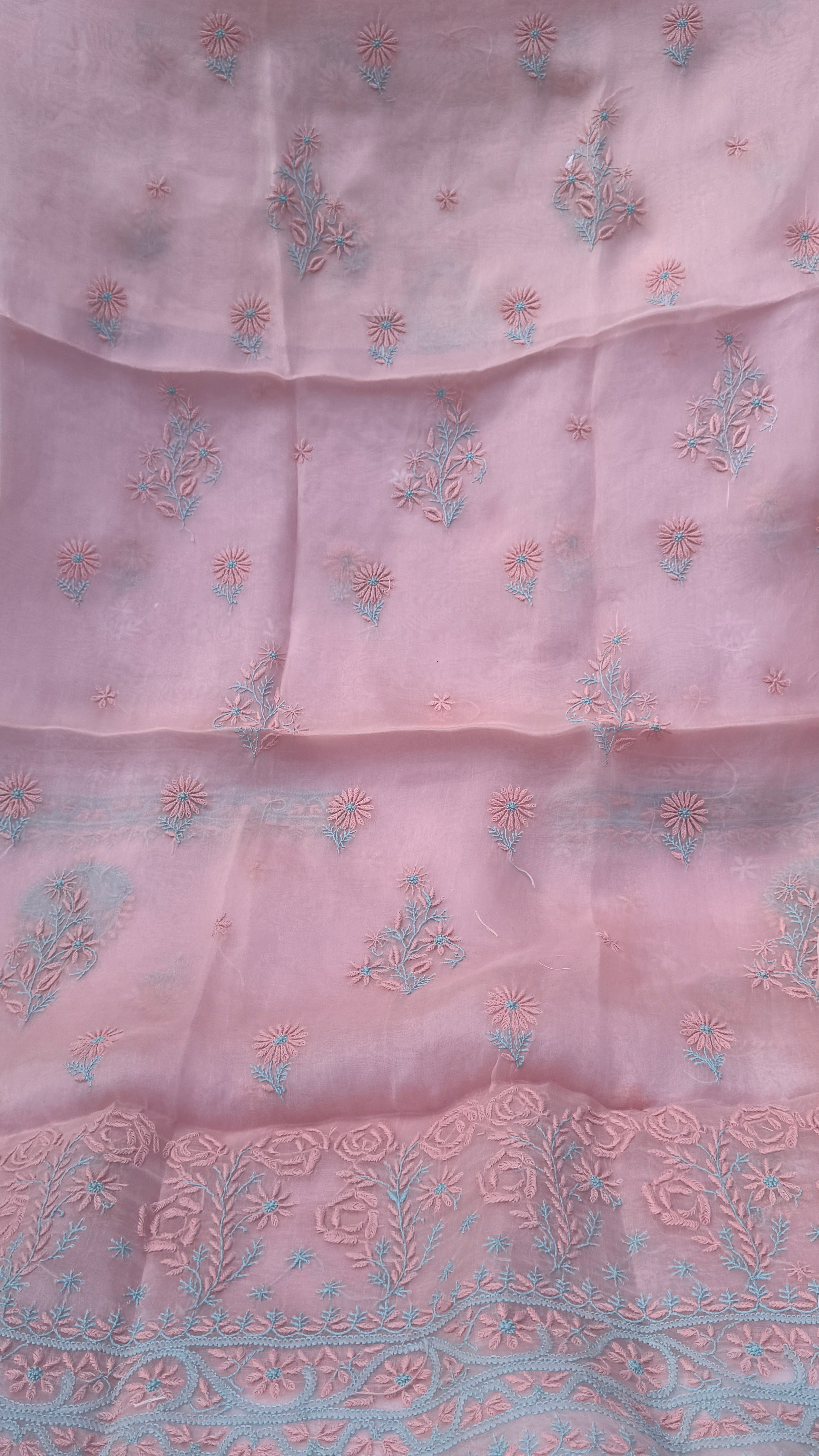 Pure Organza Lucknow Chikankari Unstitched Suit Set -Peach Pink