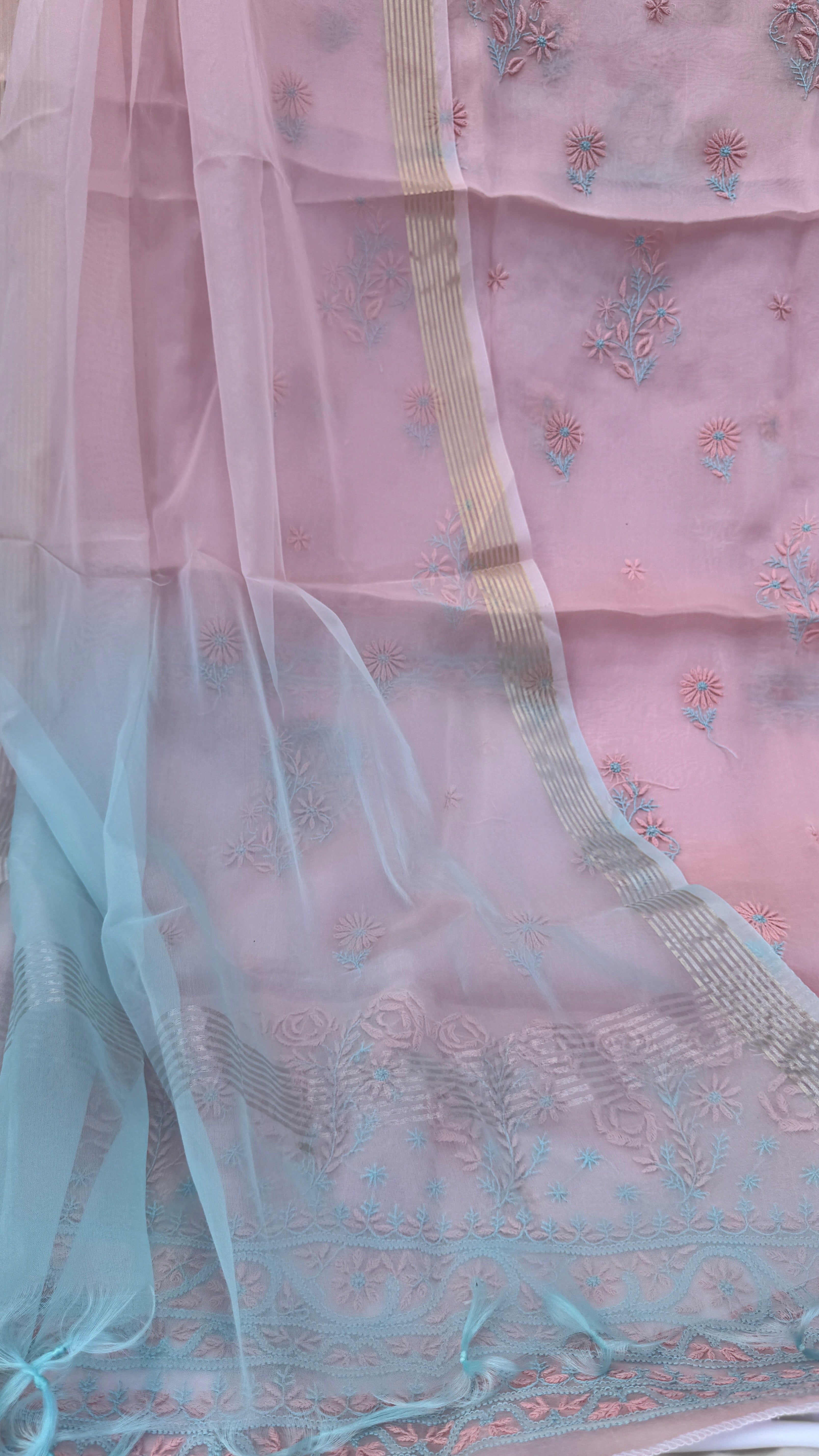 Pure Organza Lucknow Chikankari Unstitched Suit Set -Peach Pink