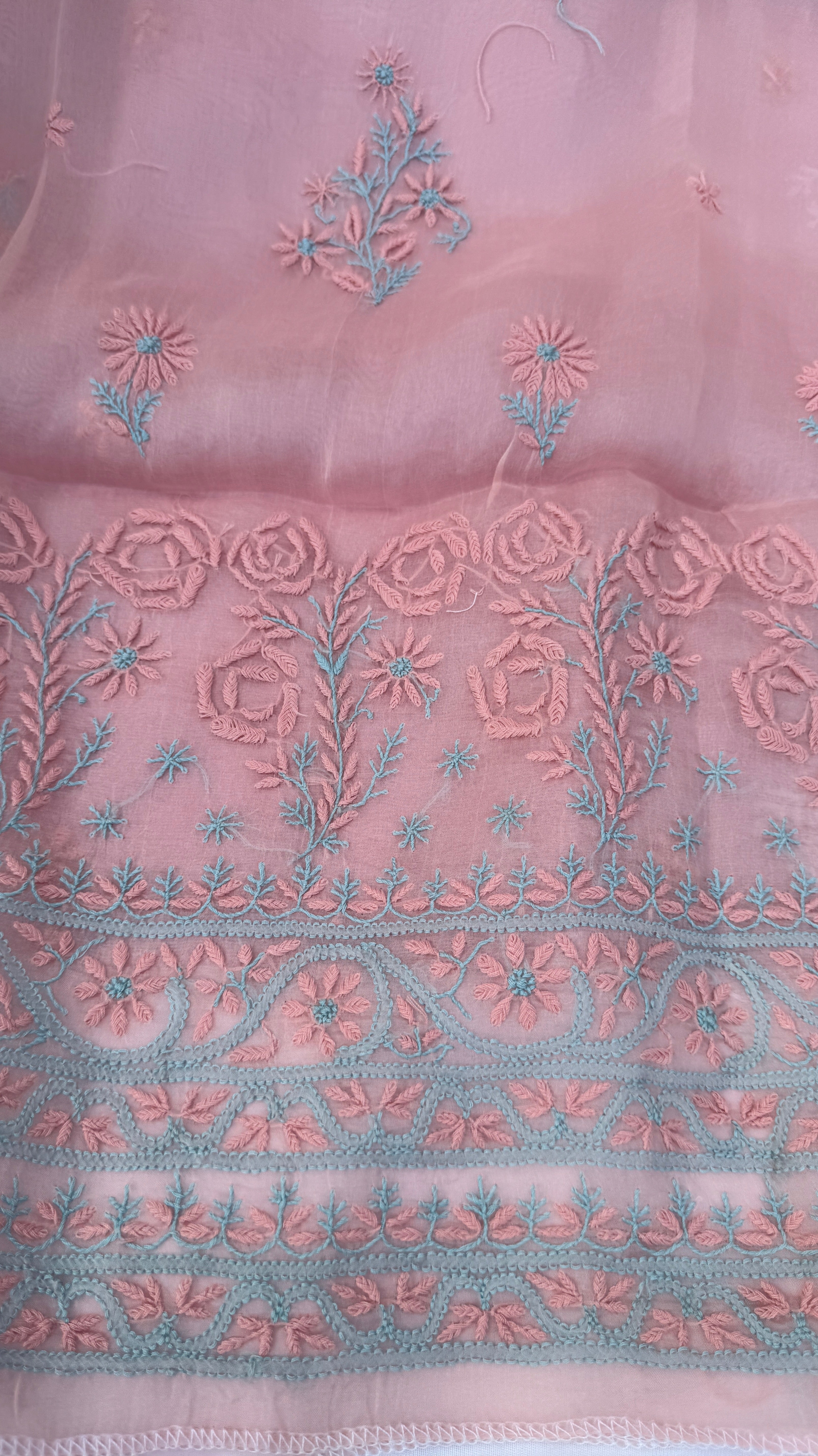 Pure Organza Lucknow Chikankari Unstitched Suit Set -Peach Pink