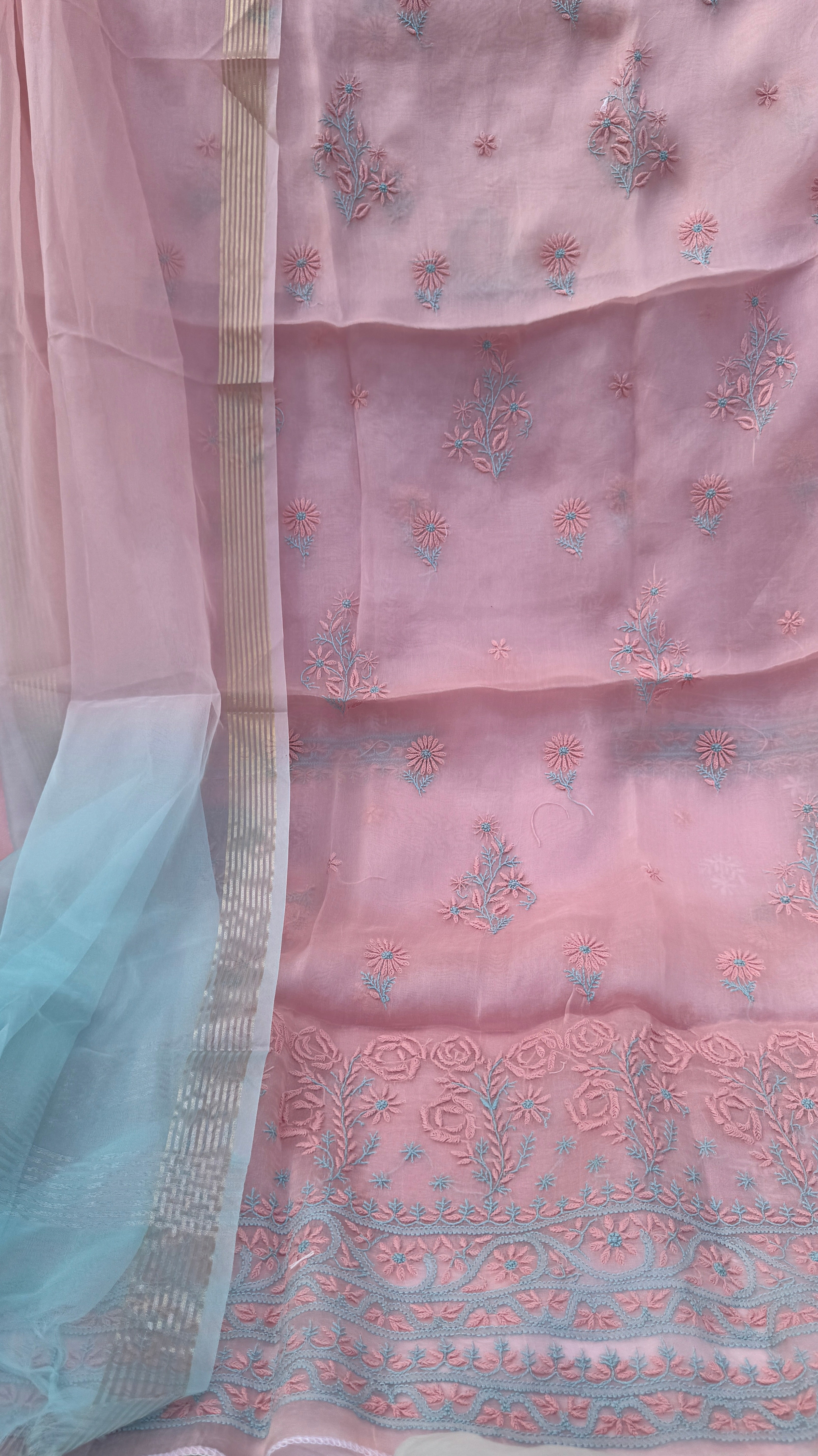 Pure Organza Lucknow Chikankari Unstitched Suit Set -Peach Pink