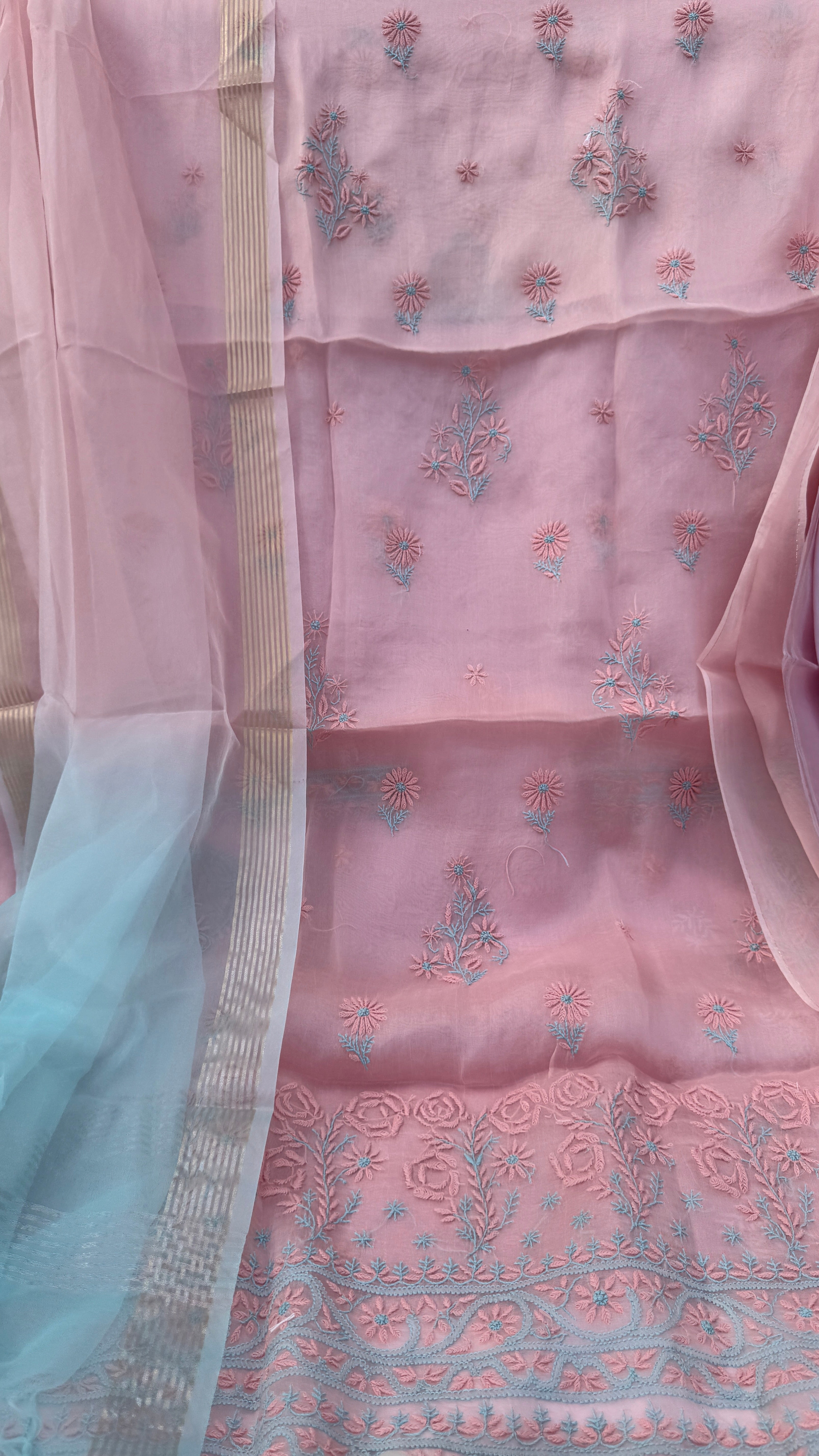 Pure Organza Lucknow Chikankari Unstitched Suit Set -Peach Pink
