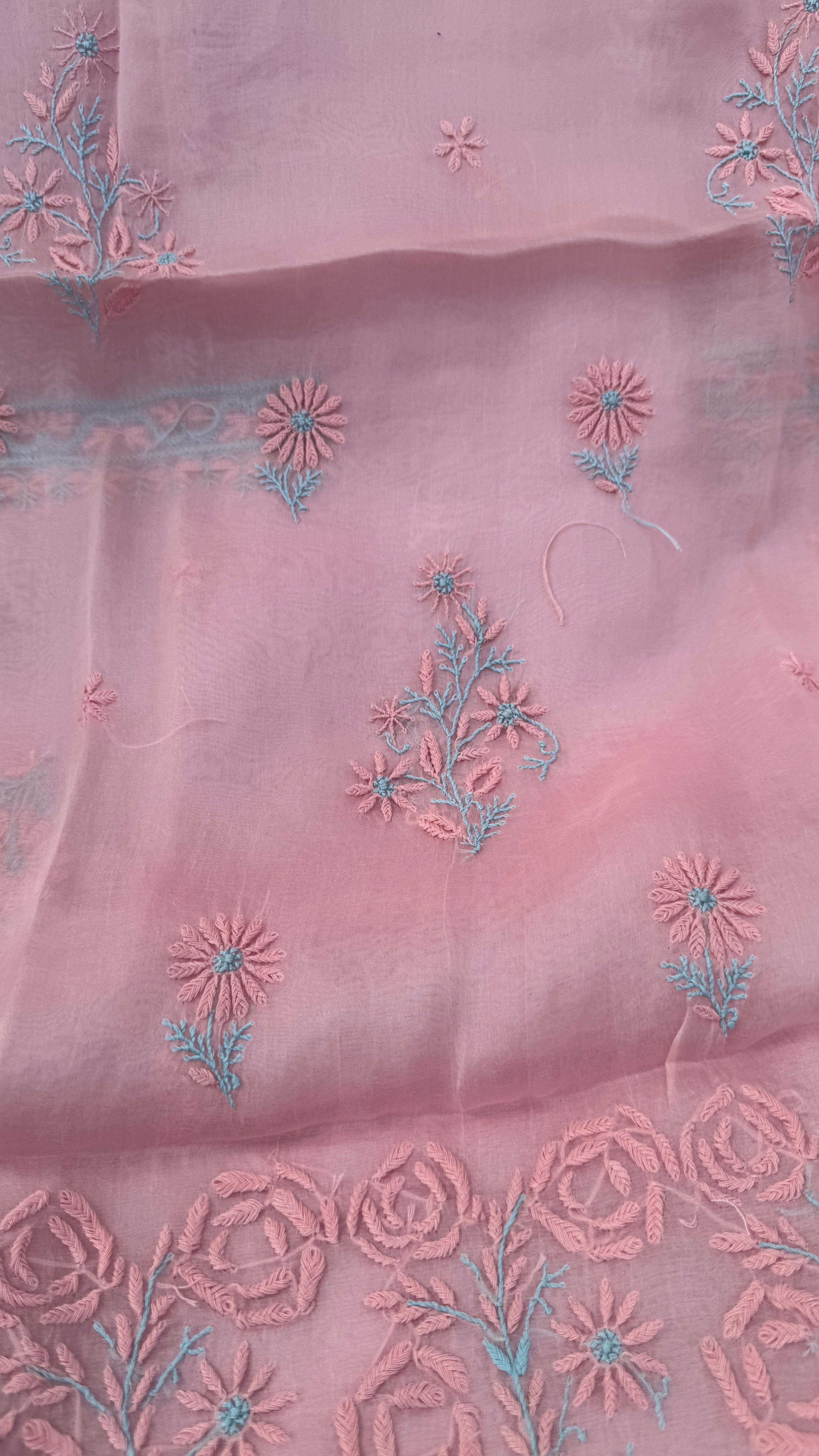 Pure Organza Lucknow Chikankari Unstitched Suit Set -Peach Pink