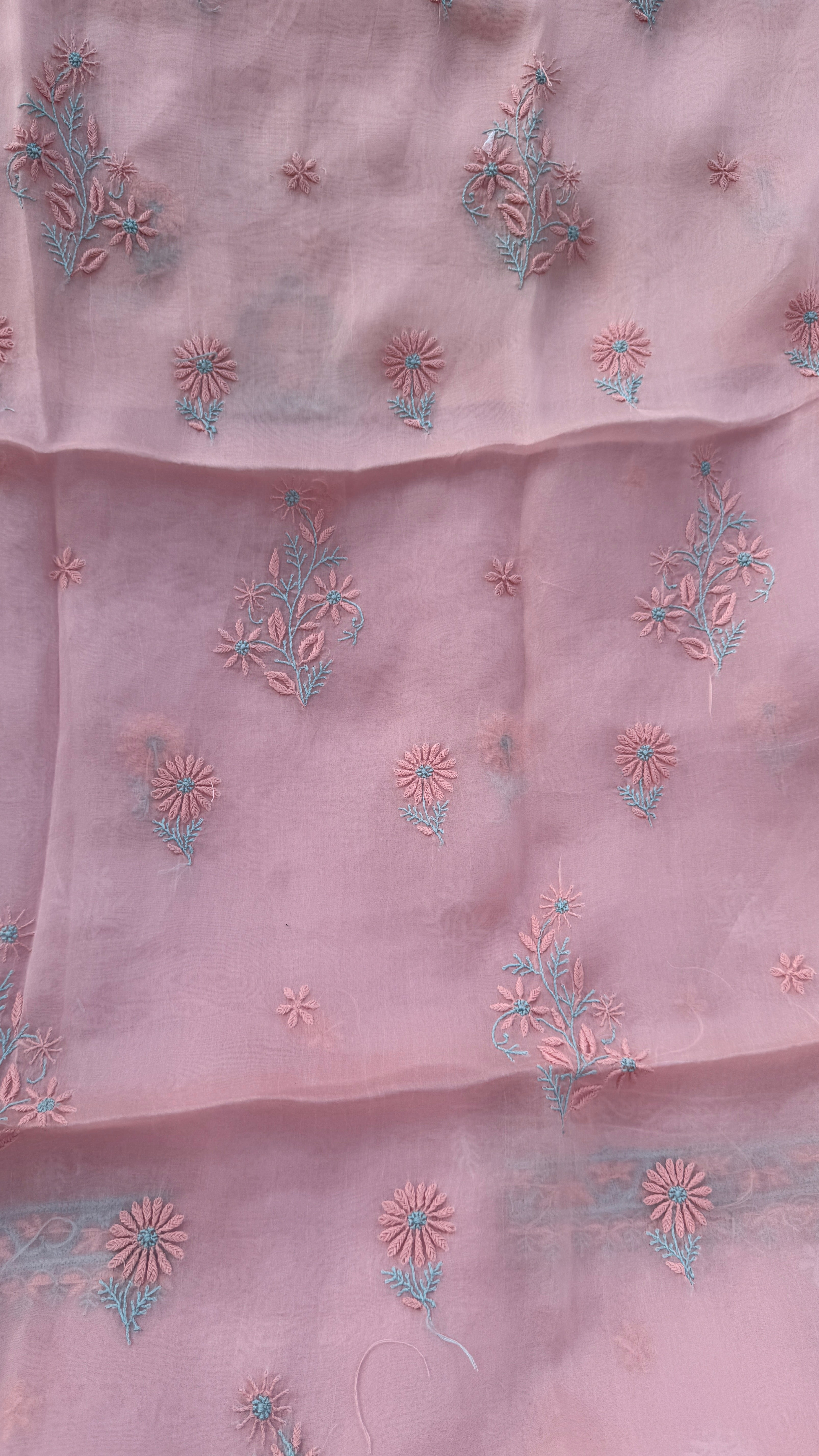 Pure Organza Lucknow Chikankari Unstitched Suit Set -Peach Pink